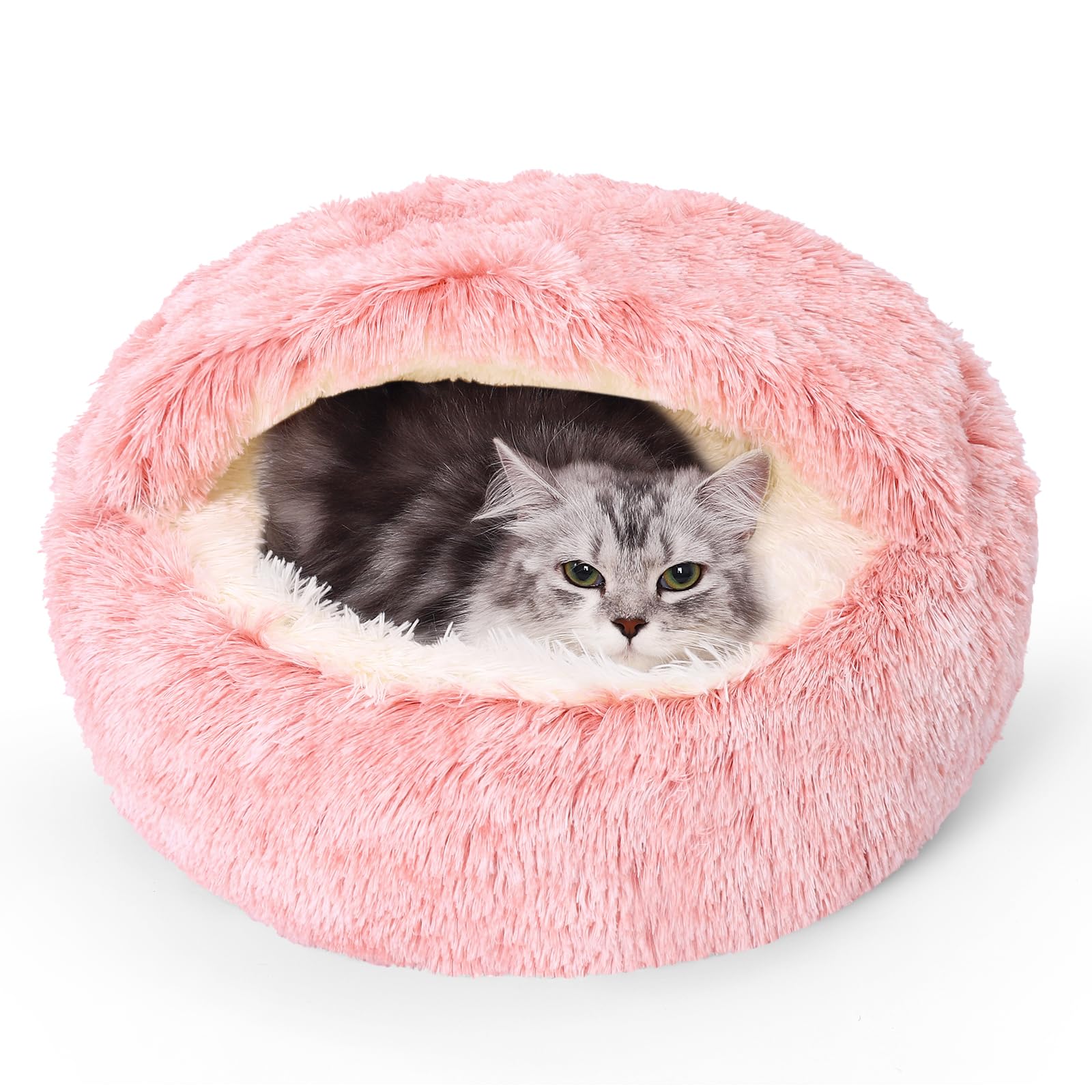 Calming Dog Beds & Cat Cave Bed with Hooded Cover,Removable Washable Round Beds for Small Medium Pets,Anti-Slip Faux Fur Fluffy Coved Bed for Improved Sleep,Fits up to 15/25 lbs(Bean Mush,M)