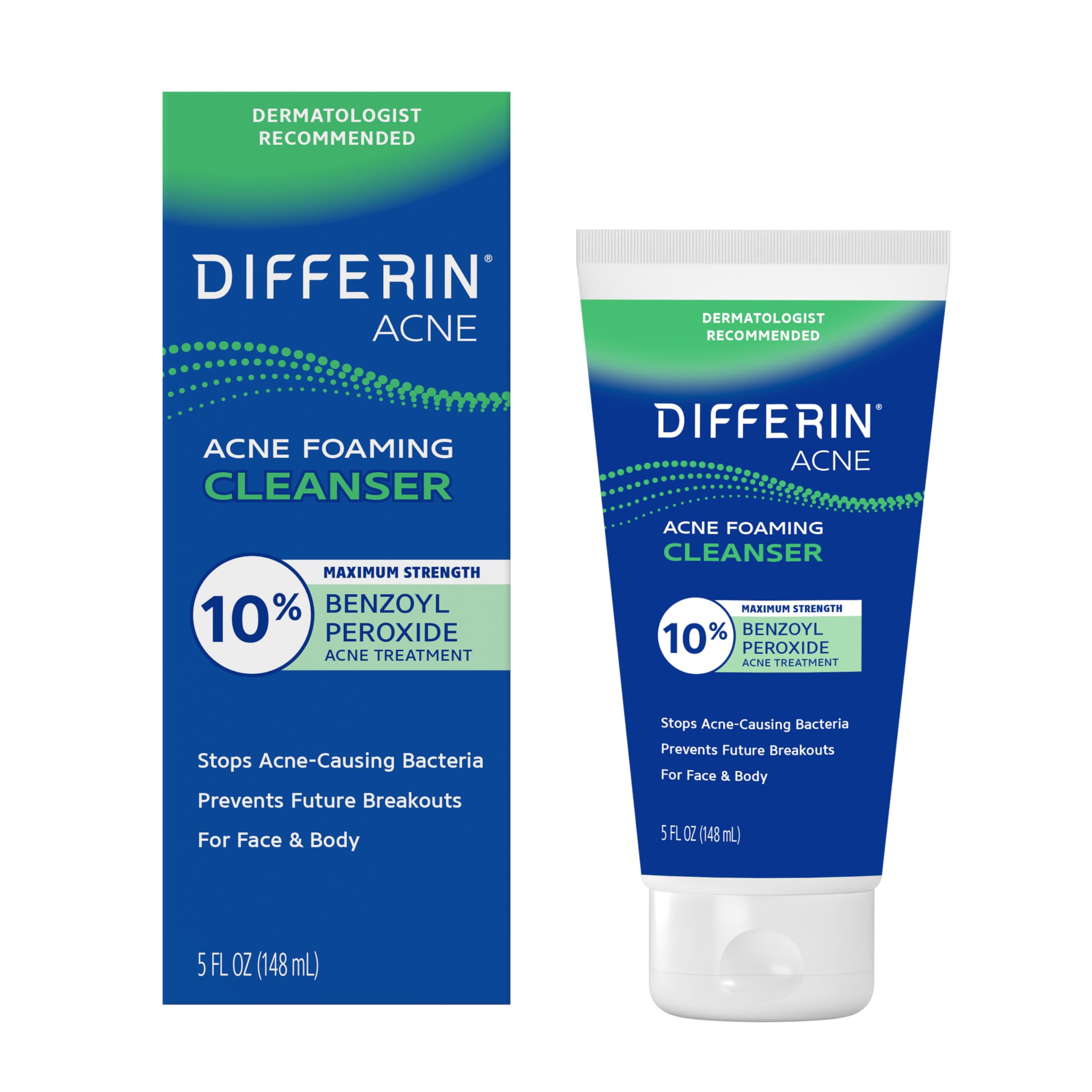 DifferinAcne Face Wash with 10% Benzoyl Peroxide, Maximum Strength OTC Acne Foaming Cleanser, Fast Acting Acne Treatment for Face and Body, 5 oz.