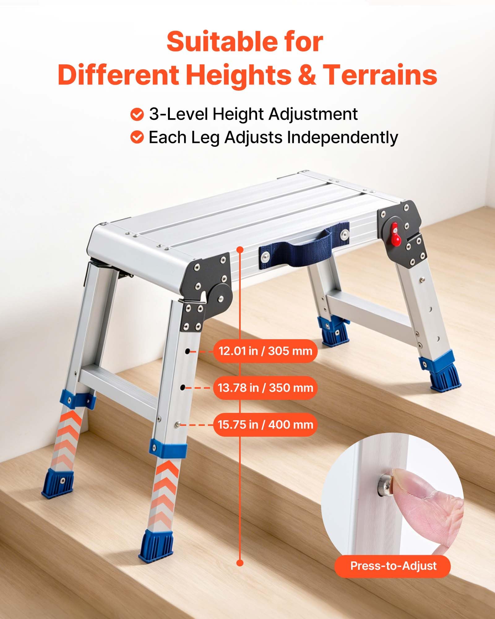 VEVOR Plataforma Plegable de Trabajo, Altura Ajustable de 305 ​​a 406 mm, Capacidad de 226,8 kg, Escalera-Taburete de Aluminio Portátil, Plegable, Antideslizante para Pintura, Mantenimiento y Hogar