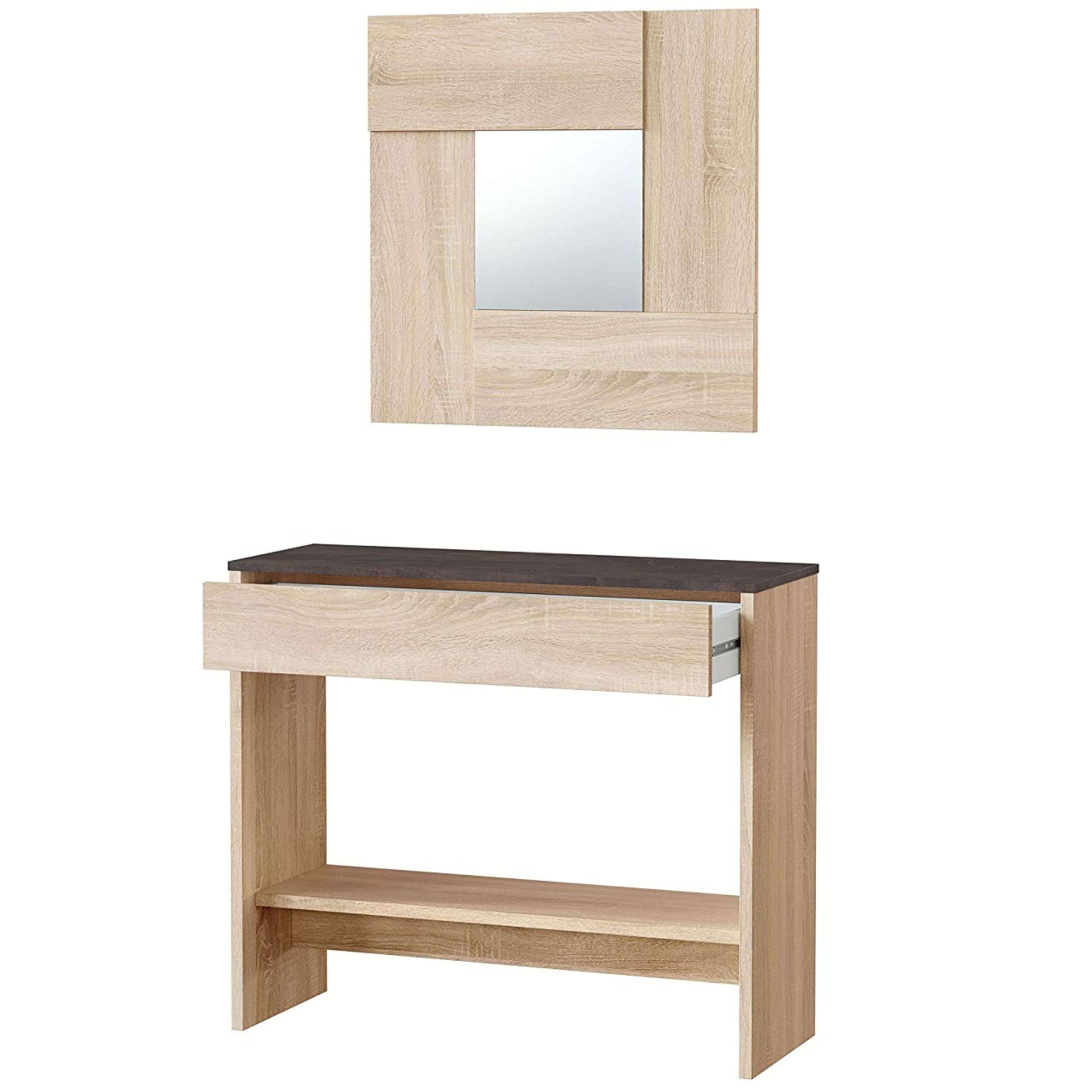 Habitdesign – Mueble Recibidor con Cajón y Espejo, Consola de Entrada Moderna, Color Roble Canadian y Óxido, 92x79x33 cm – Modelo Oxys