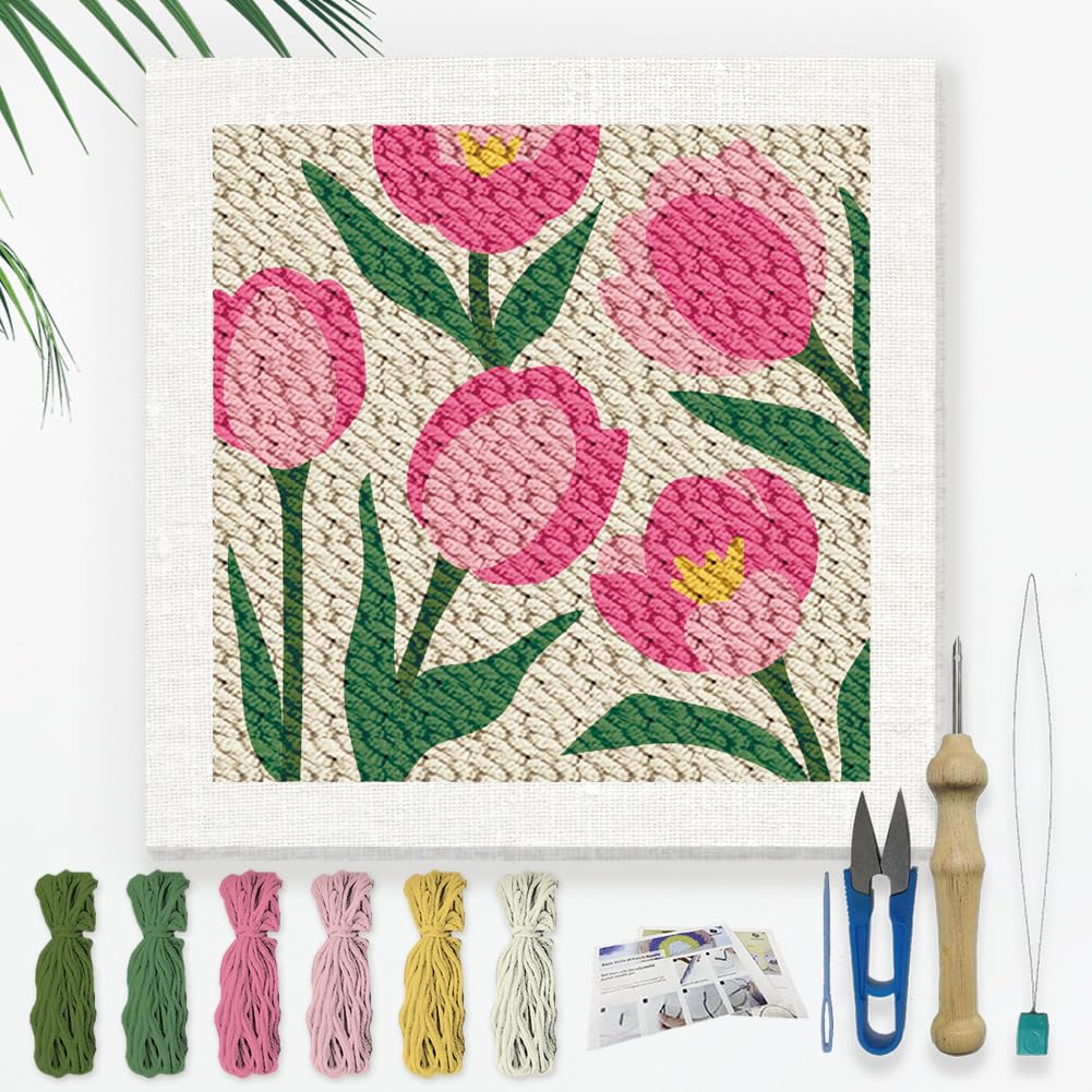 DOODLREAM Tulips DIY Punch Needle Embroidery Kit for Adult Beginner 24cm Flower Punch Stitching Craft Set for Starter with Frame Fabric Pattern
