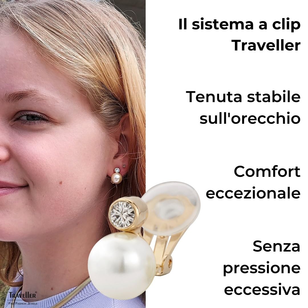 Traveller Orecchini a clip - Senza piercing all'orecchio - Perla 10 mm - Bianco - Cristallo - 15x10 mm