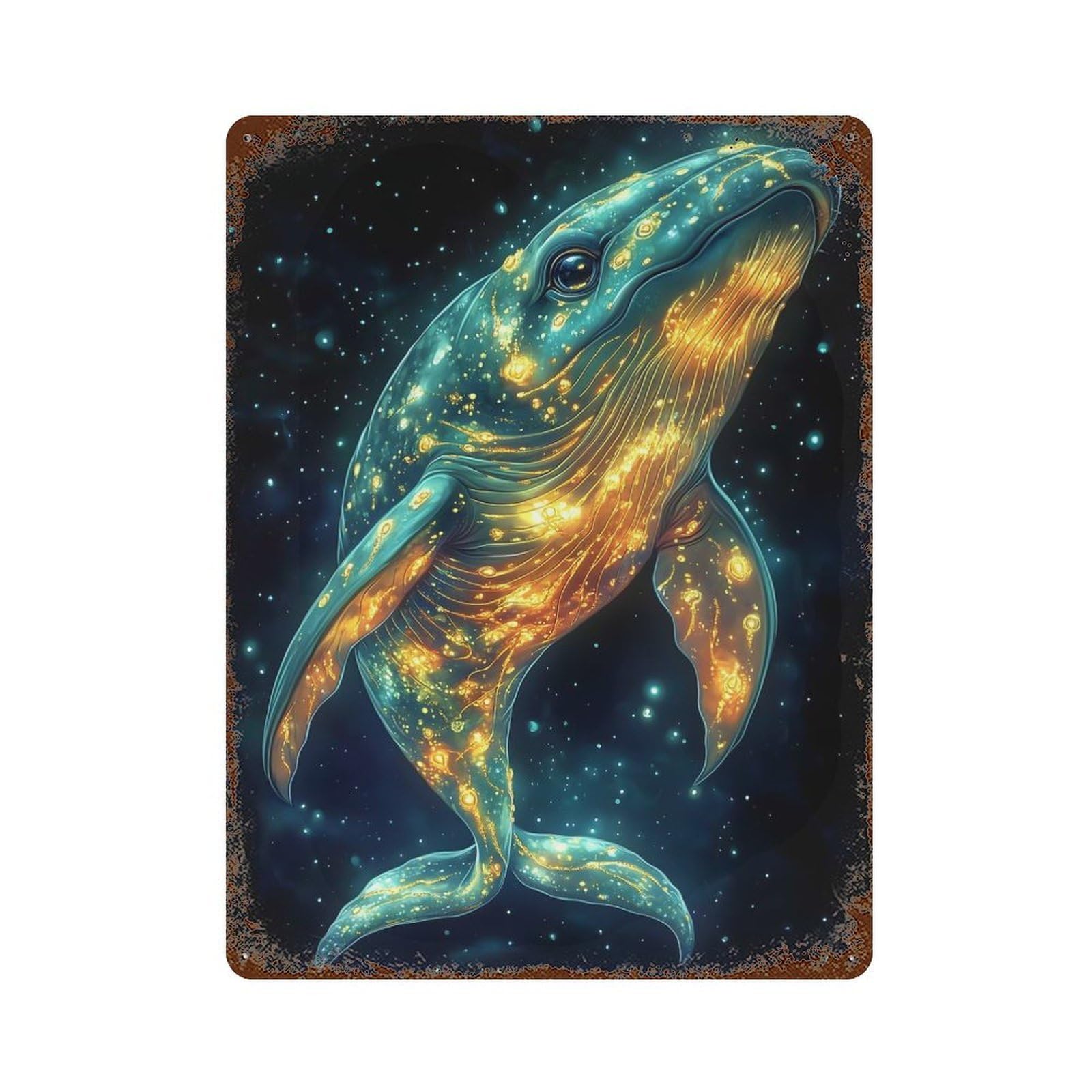 Cosmic Whale Animal 15.7"x11.8" Rusty Metal Tin Sign, Shabby Chic Decor for Bistro, Counter And Cafe Decor
