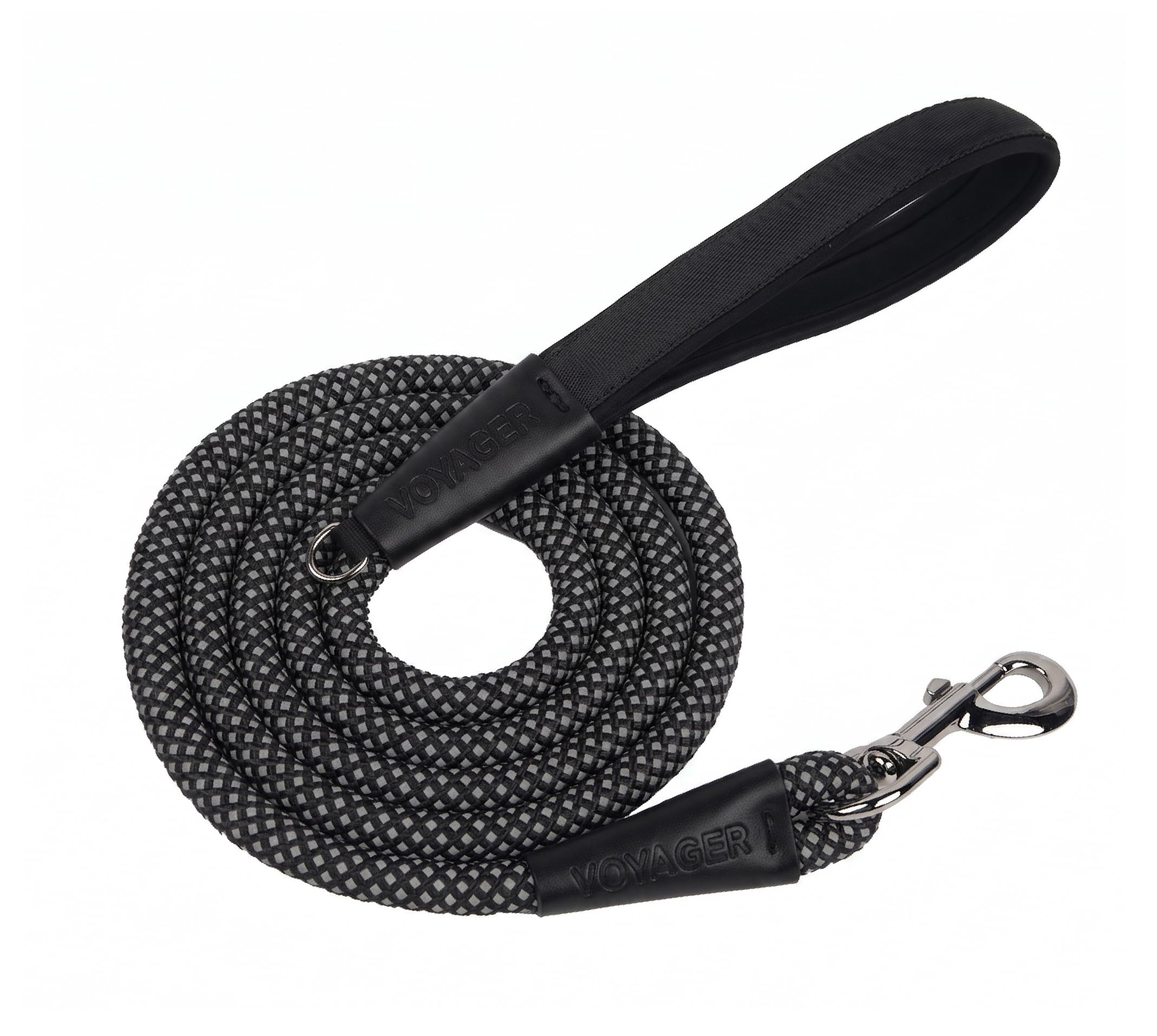 Voyager by Best Pet Supplies Round Rope Reflective Dog Leash - Soft Neoprene Handle &amp; Tangle-Free Hook - Heavy Duty, Strong Durable Lead for Large/Medium/Small Dogs - Black, 1/2” x 6'
