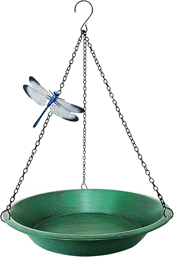 Baño colgante para pájaros para exteriores, comedero de pájaros de metal verde antiguo con cadenas negras inoxidables de 17 pulgadas para decoración