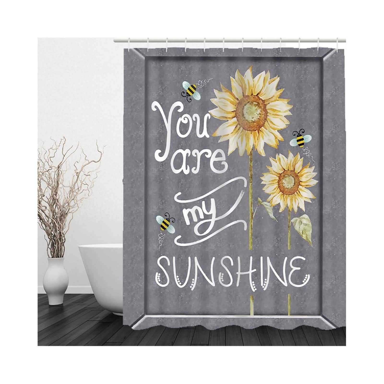 Rideau Douche en Tissu Bandelette Tournesol Lin Impermeable Baie Vitrée Coulissante sans Percage Blanc Gris Jaune Imperméable Anti-Moisissure, Lavable Machine 220x180cm