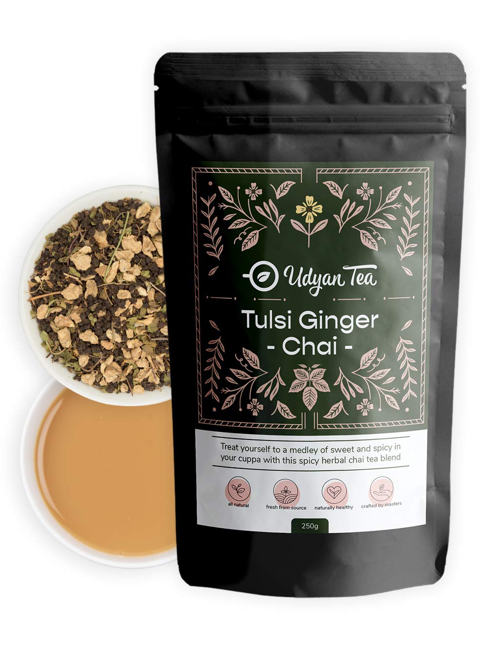Udyan Tea Tulsi Ginger Chai, 250g | Immunity-Boosting CTC Black Tea with Tulsi, Ginger & Black Pepper | Ayurvedic Healing Blend for Cold & Cough Relief | Handcrafted Sweet & Spicy Tea