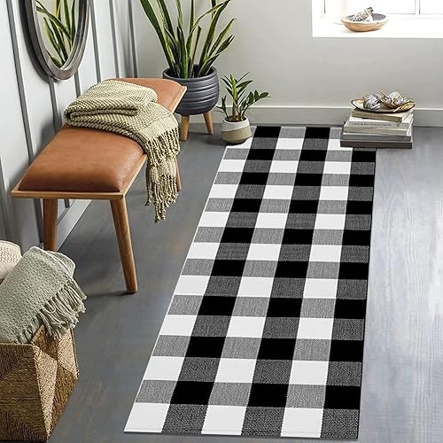 LHLJOYU Buffalo - Alfombra a cuadros de 2 x 6 pies, color blanco y negro, reversible, tejida y lavable para lavanderĂa, cocina, baño, dormitorio LHLJOYU Buffalo - Alfombra a cuadros de 2 x 6 pies, color blanco y negro, reversible, tejida y lavable para lavanderĂa, cocina, baño, dormitorio
