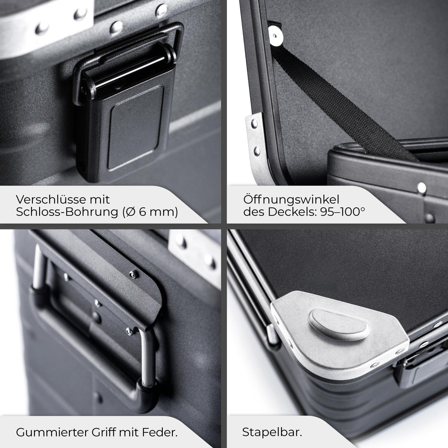 AluVault 047L – Alubox mit Deckel, Aluminium Aufbewahrungsbox, Alukiste, Spritzwassergeschützt, Staubdicht, Stapelbar - Transportbox mit Federgriffen für Werkzeug und Ausrüstung, Schwarz