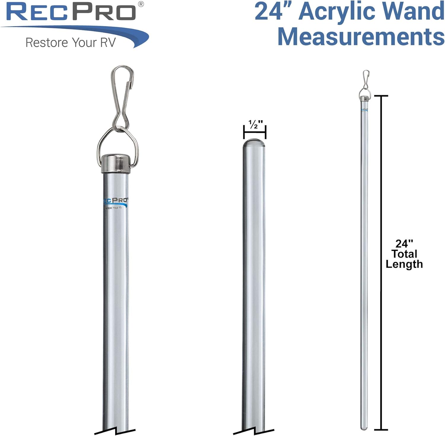 RecPro RV Acrylic Pull Rod | Shower Rod | Drapery Wand | 1/2" x 24" | Includes Stainless Steel Snap Hooks | Acrylic Curtain Rod (4 Rods)