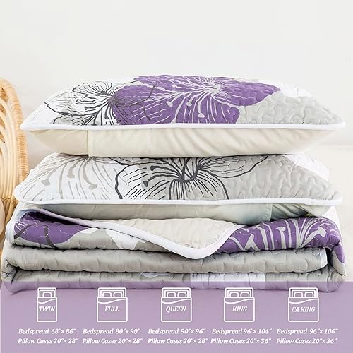Miniatura 6 de DJY Juego de edredón cubrecama de 3 piezas California King con patrón floral morado, elegante colcha de lirio con 2 fundas de almohada, juego de