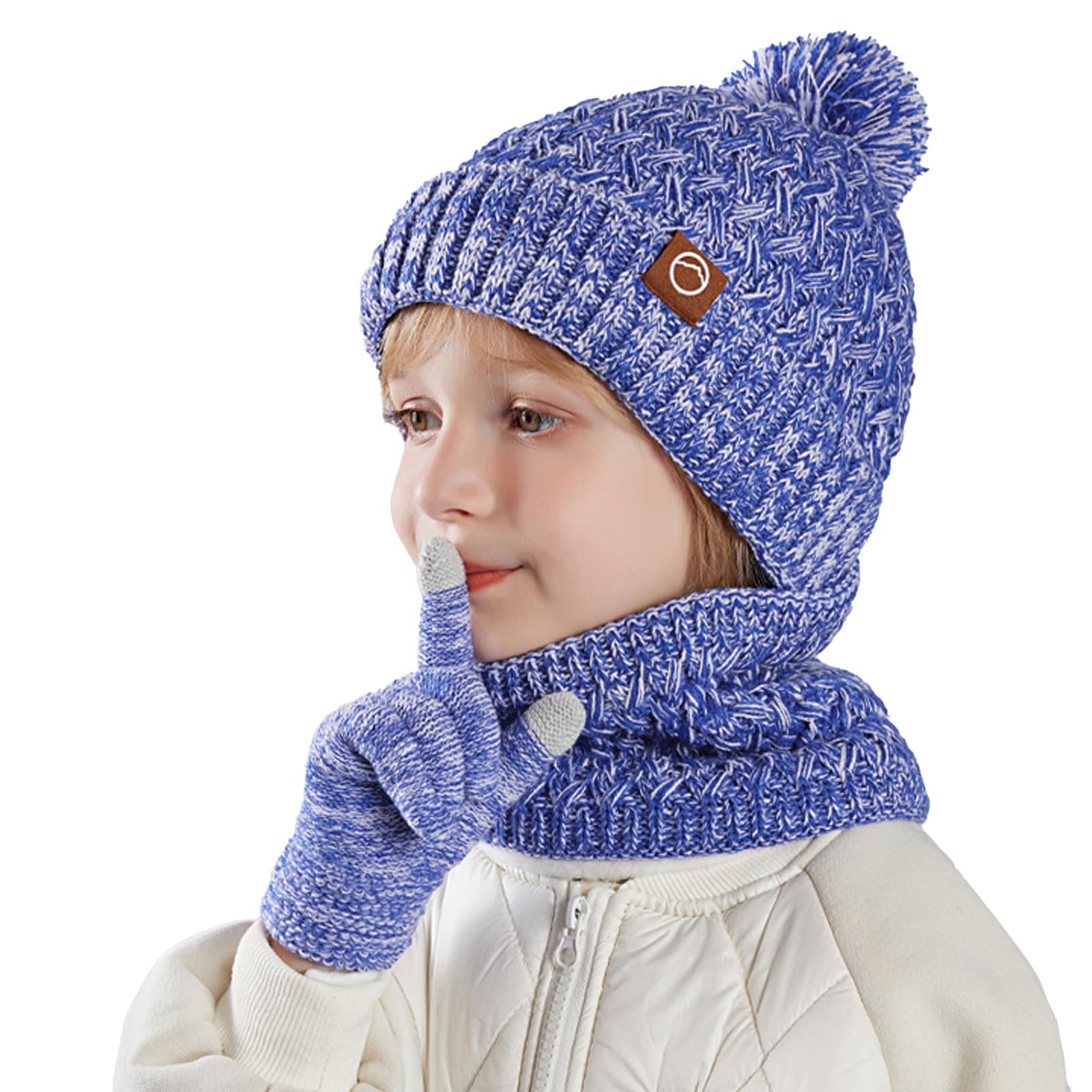 Kinder-Wintermütze, Schal und Handschuhe, warme Thermo-Strickmütze, Halswärmer, Touchscreen-Handschuh mit weichem Fleecefutter, für Mädchen und Jungen, Alter 4–10 Jahre
