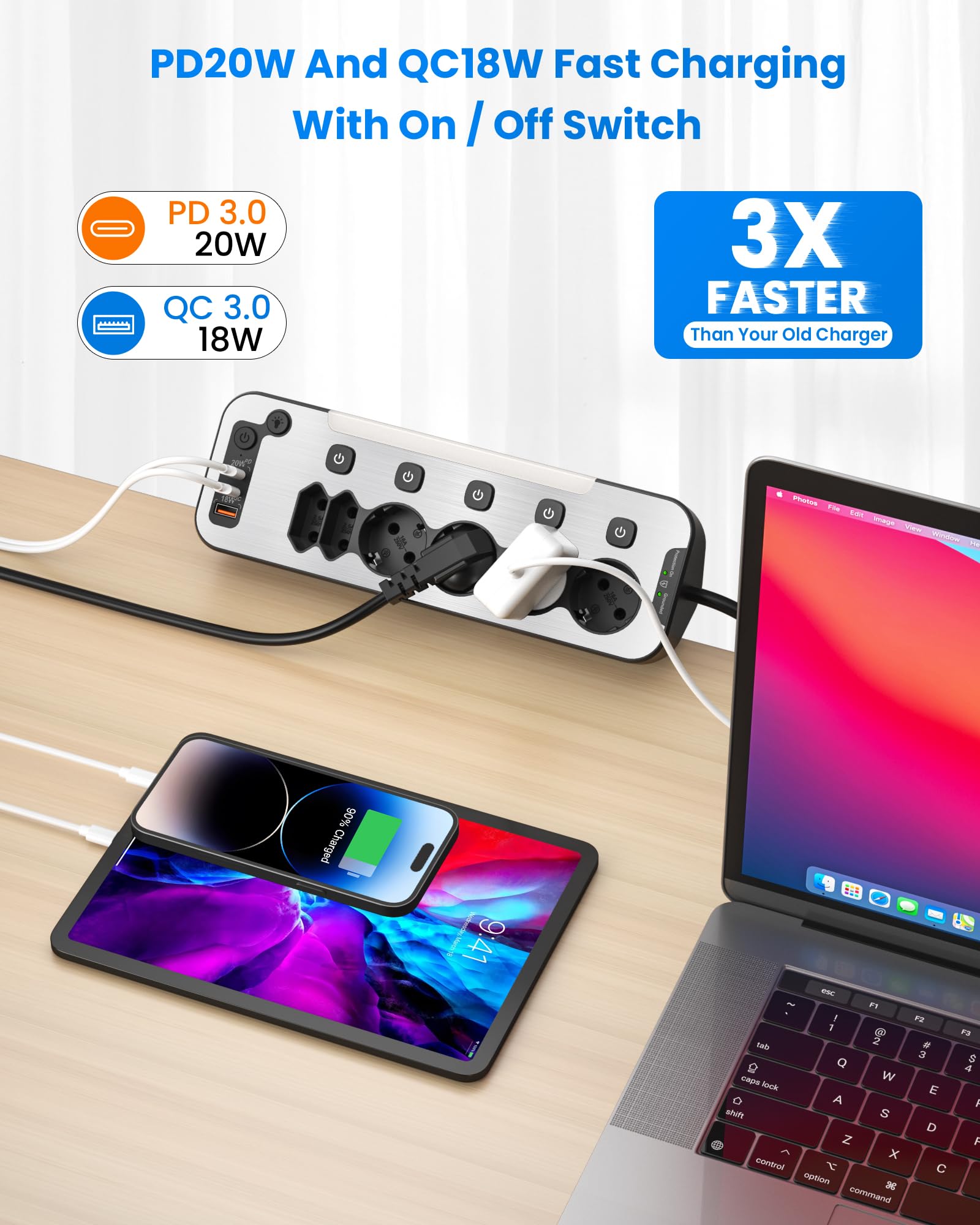 Toma de Mesa con USB C,Regletas Enchufes Proteccion Sobretension,PD20W Regleta de Escritorio con Interruptor,Enchufes Múltiple Cocina con Placa de Sujeción,Ladron Enchufes 6 Tomas,Cable 2 m,Negro