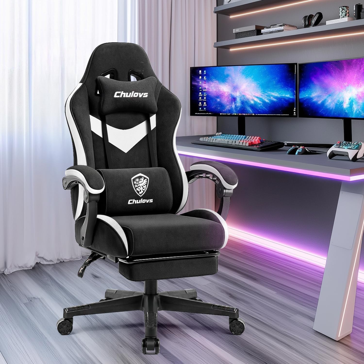 كرسي ألعاب أسود قابل للإمالة مع مسند قدم ودعم ظهر...