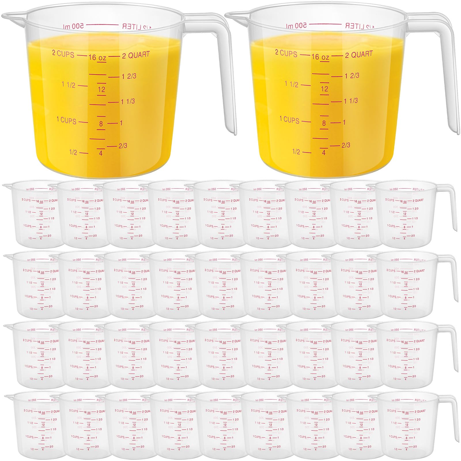 Kanayu Lot de 36 tasses à mesurer en plastique transparent avec bec verseur et poignée, capacité de préhension, pichet gradué transparent pour farine, eau, liquides de cuisine (rouge, 473,6 g, 2