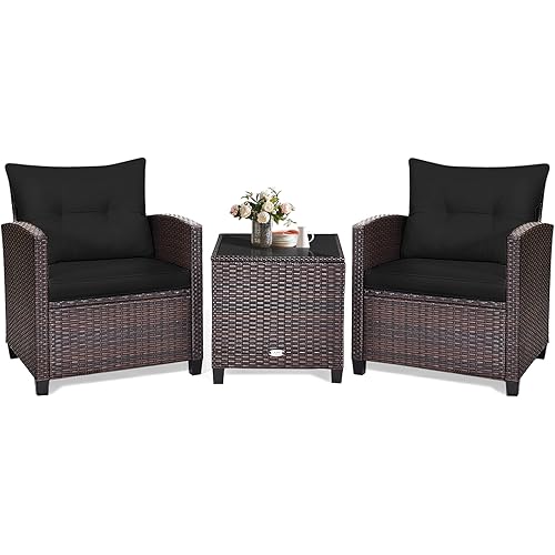 KOTEK 3 Piece Patio Furniture Set, Outdoor Conversation Set with Washable Cushions & Tempered Glass Tabletop, PE Rattan Wicker Bistro Set for Porch, Garden, Balcony (Black)