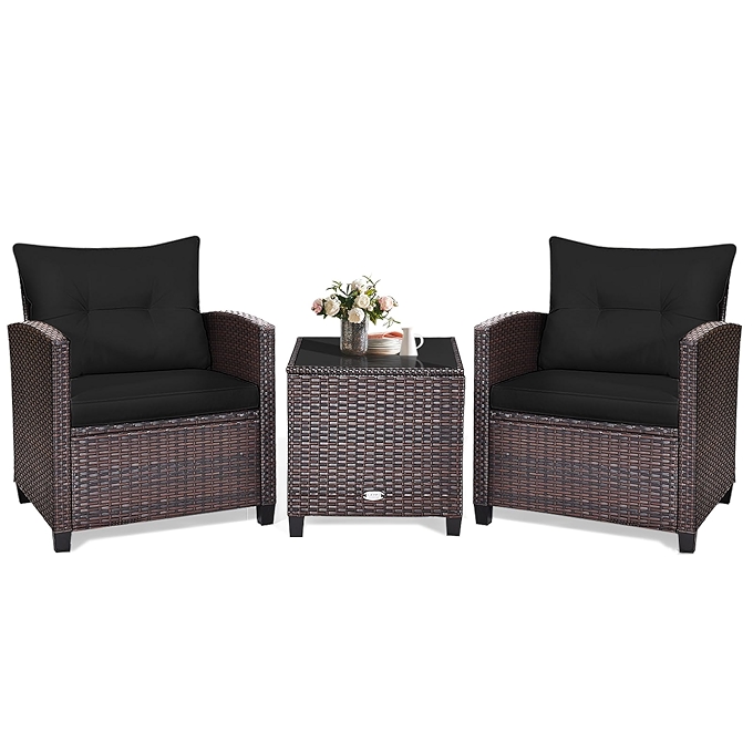 KOTEK 3件套户外休闲家具组合 带可洗坐垫及钢化玻璃桌面的PE藤编小餐桌套装 (黑色)