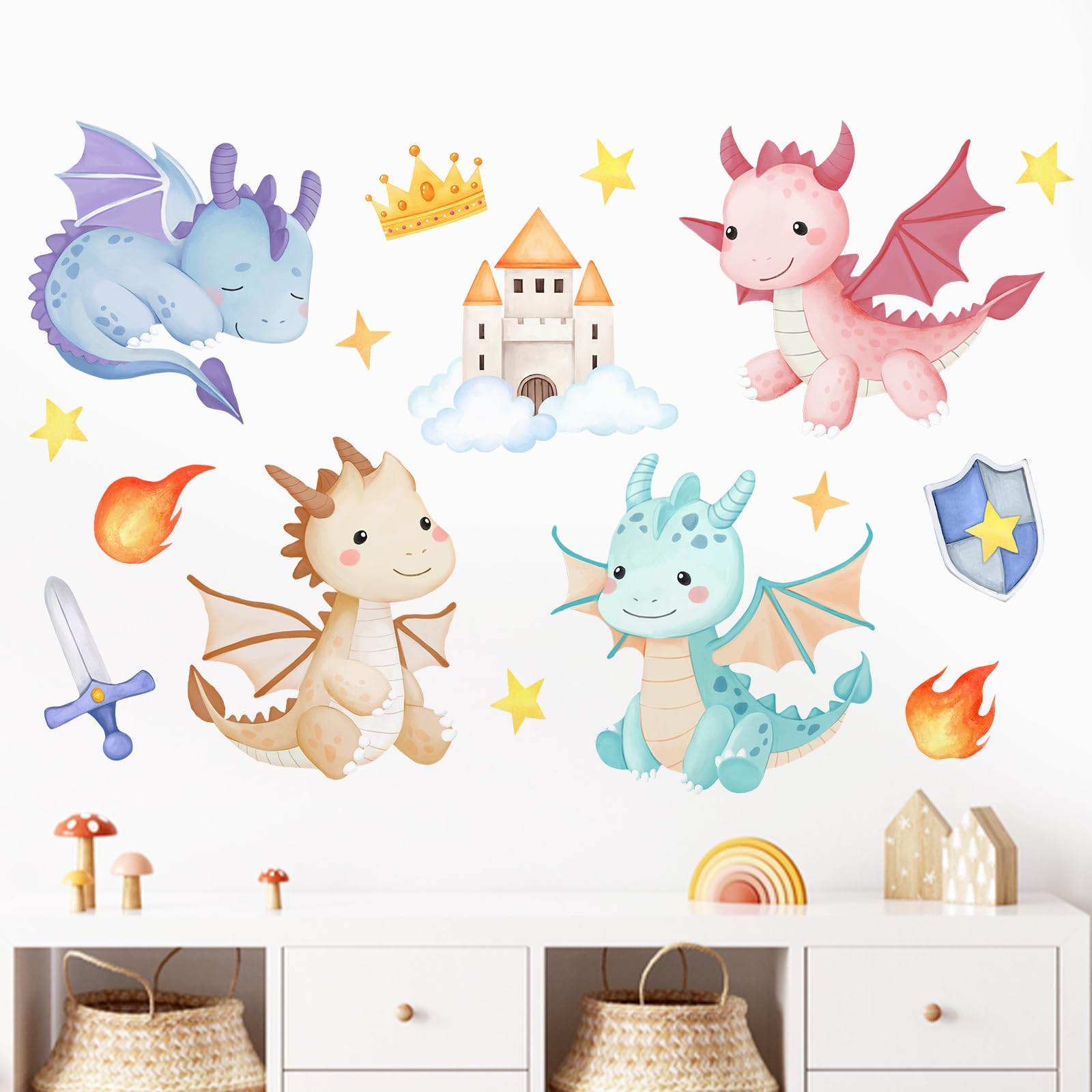 Mfault Baby Dragon Wall Decals Stickers, Cartoon Castle Crown Sword Shield Decoration Nursery Kids Bedroom Art, Fire Stars Cloud Toddler Girls Boys Playroom Living Room Home Decor