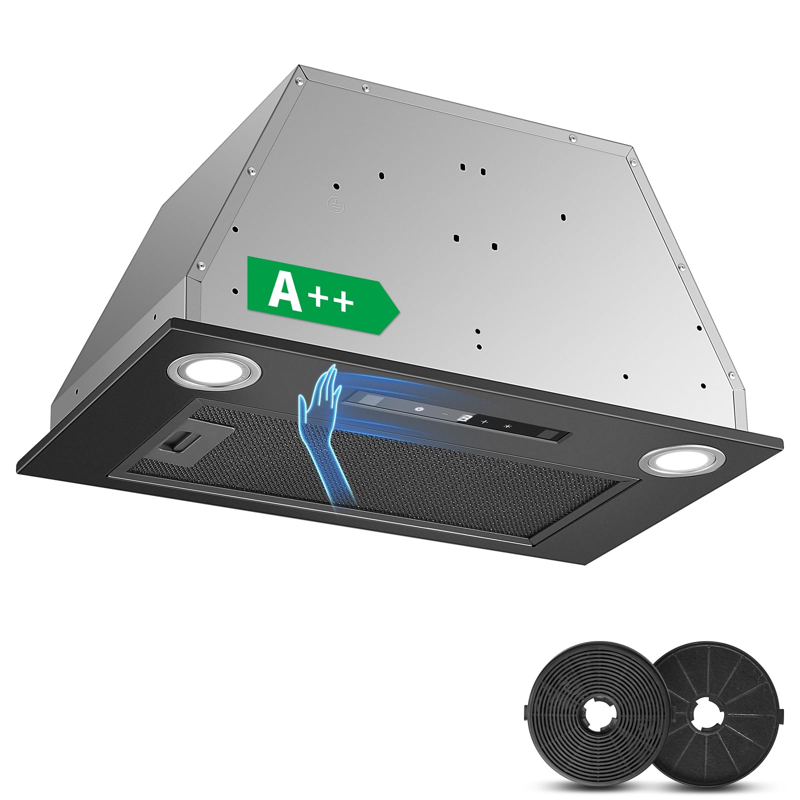 Hotte Aspirante KICHPOWER 52 Cm, Encastrable, Débit D'air Maximal 300 M³/h, 3 Vitesses, éclairage LED, Hotte De Cuisine En Acier Inoxydable, Filtre à Charbon Inclus [Classe énergétique C