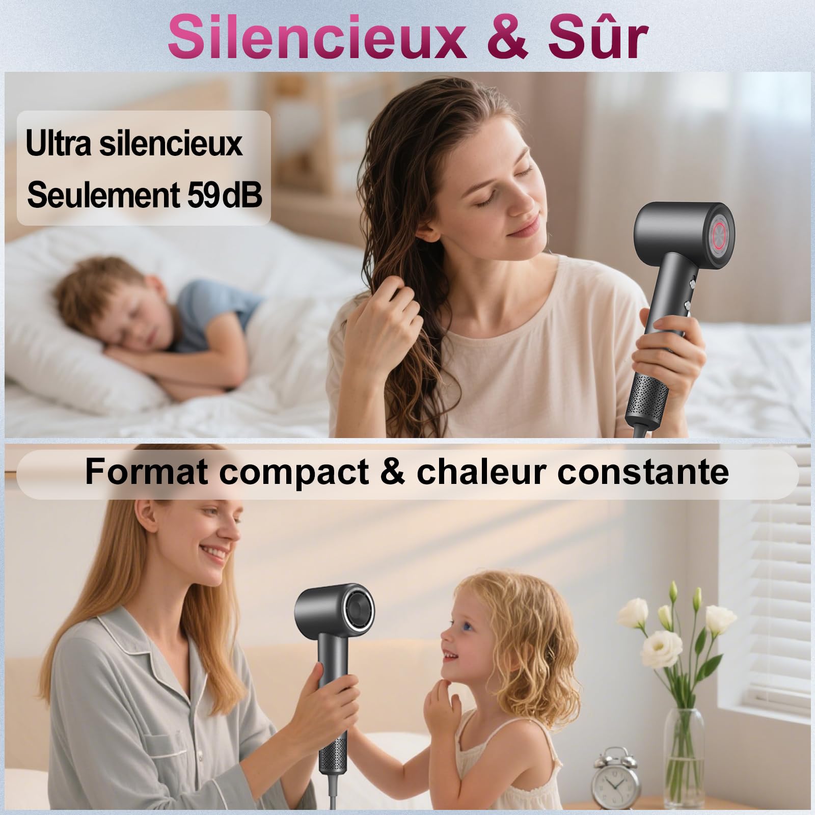 Sèche Cheveux Professionnel Ionique avec Diffuseur Bouclé, 200 Mio Ionique Négatifs Plasma, Mteur Brushless de 110 000tr/min, 1600W, Ultra Compact, 59dB Faible Bruit Pour Maison et Voyages