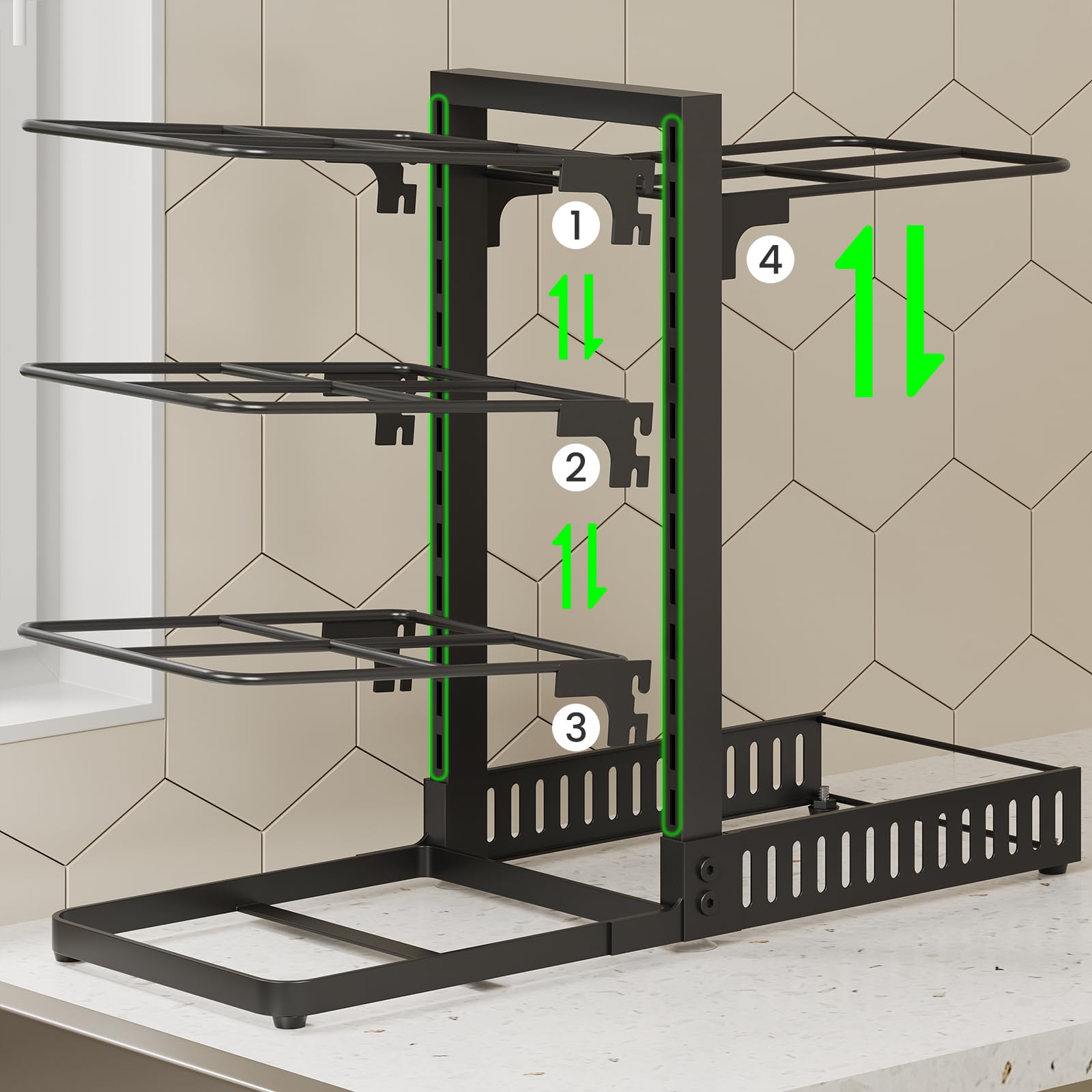 CHOEZON verstellbares Topf-Organizer, doppelseitiger Küchenorganizer, Topf- und Pfannenhalter, Pfannenhalter im Schrank, Topfdeckelhalter, für Küche und Esszimmer, Schwarz DTPR40BB