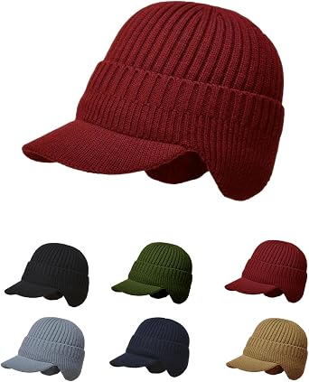 Cozy Knit Beanie Hat with Brim & Ear Flaps, Warm Fleece Lined Winter Cap for Men & Women for Outdoor Activities
