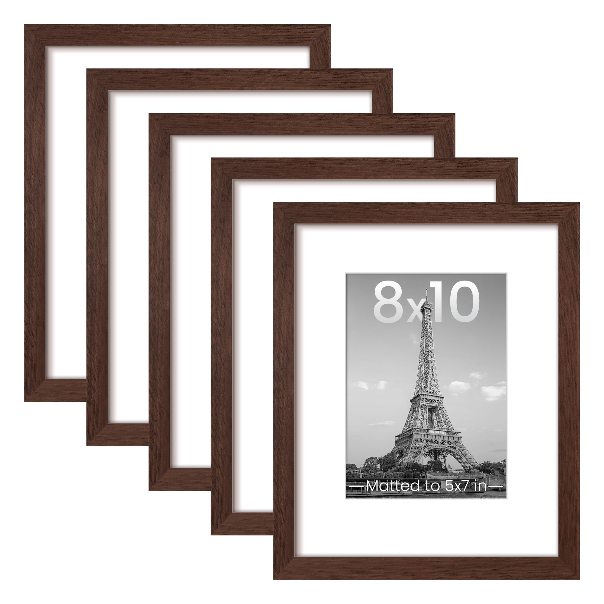 upsimples 8x10 Picture Frame Set of 5, Display Pictures 5x7 with Mat or 8 x 10 Without, Wall Gallery Photo Frames, Brown