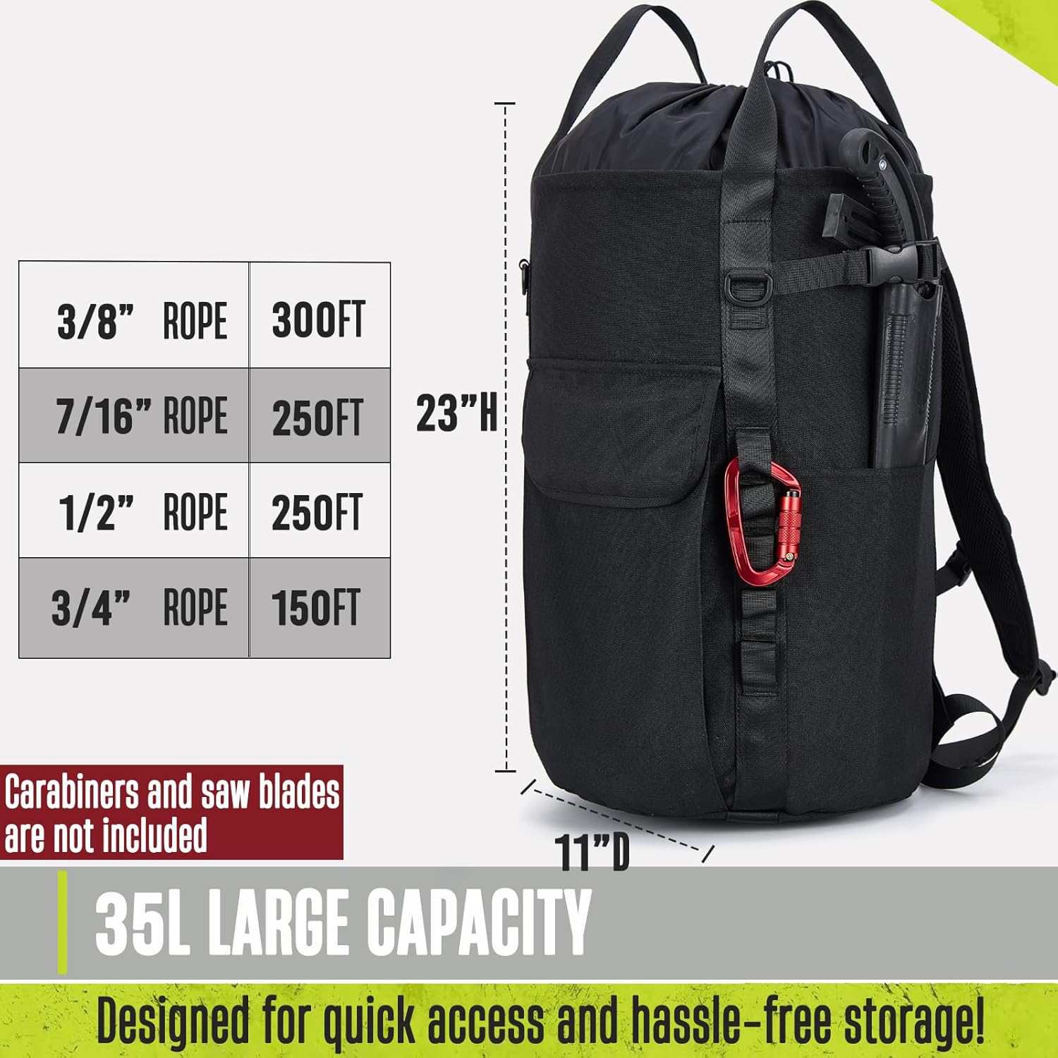 Arborist Rope Bag, 35L Tree Climbing Rope Bag, Arborist Equipment Bucket Backpack, Arborist Gear Carrier Bag with Side Pockets, Tough Rock Climbing Backpack, Rock and Tree Climbing Gear