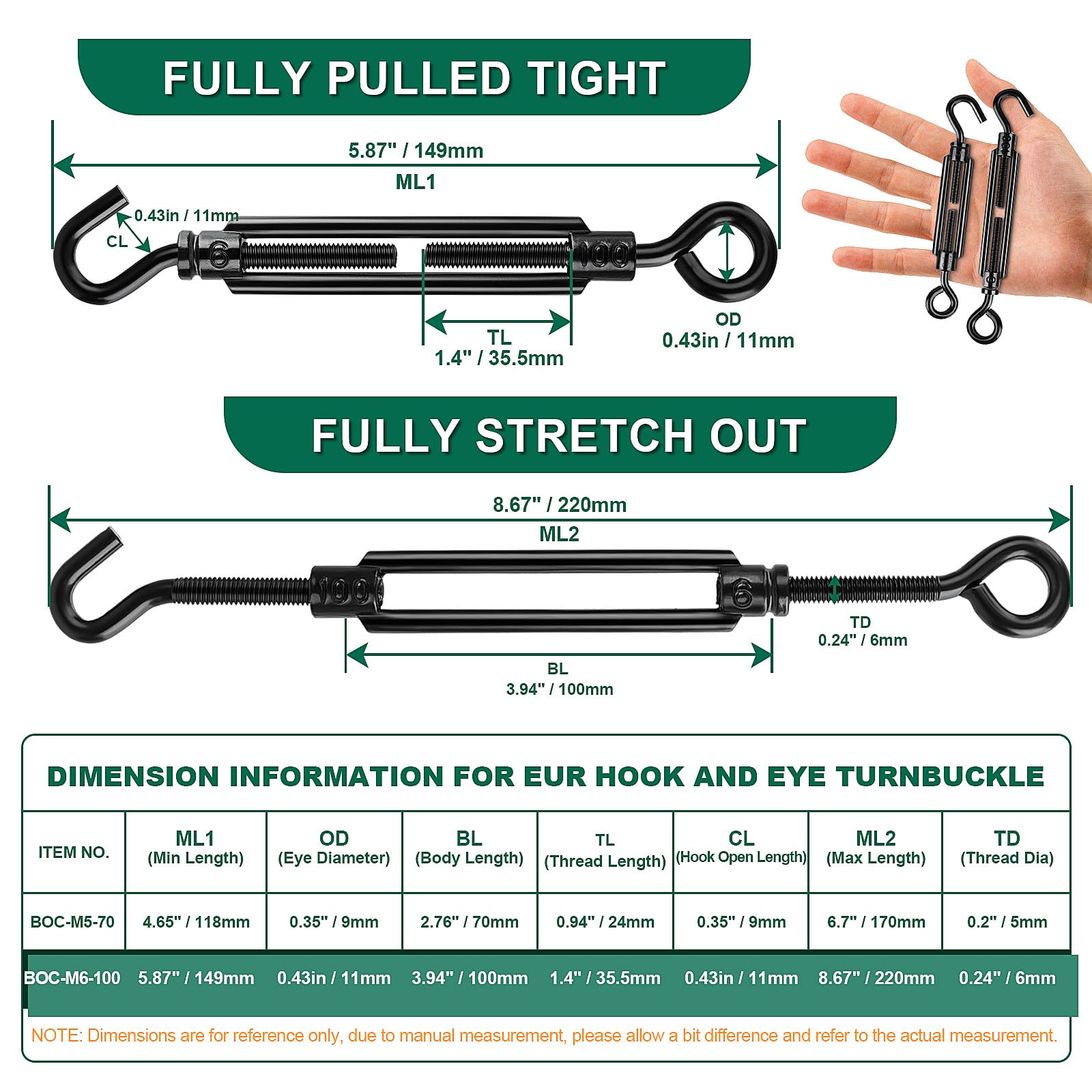 Hochwertiges schwarzes dekoratives Spannschloss mit Haken und Öse, 12PCS M6 Spannschlösser für Kabel, Drahtseilspanner für Schattensegel, Zaun, Zelt, Bild, hängende Hardware, Installation