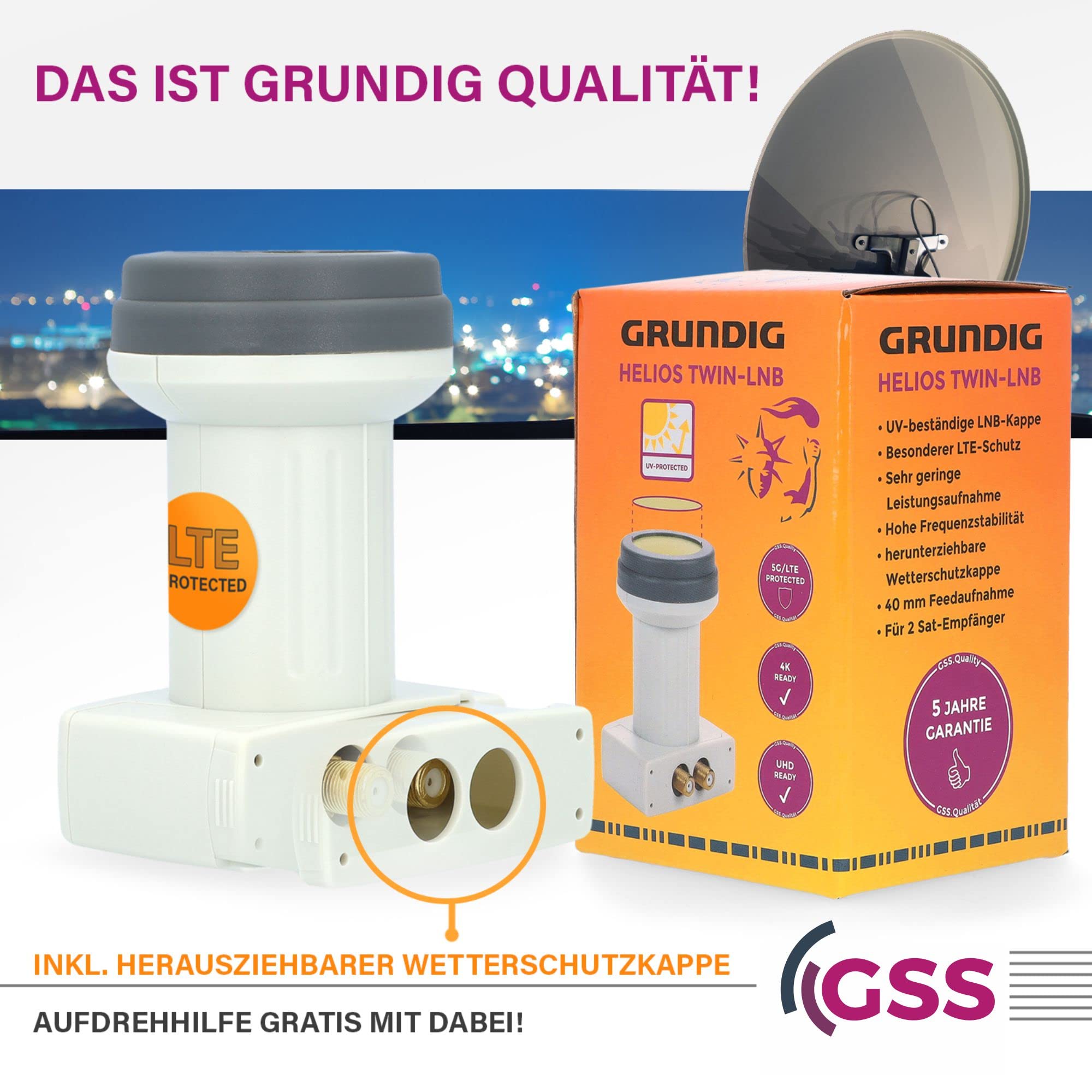 [ Test très bien, note 1.2 *] LNB double GSS Helios avec blindage LTE et protection solaire UV, tête LNB numérique 2 voies 4K pour 2 participants, pour TV TV récepteur satellite, LNC HD pour parabole
