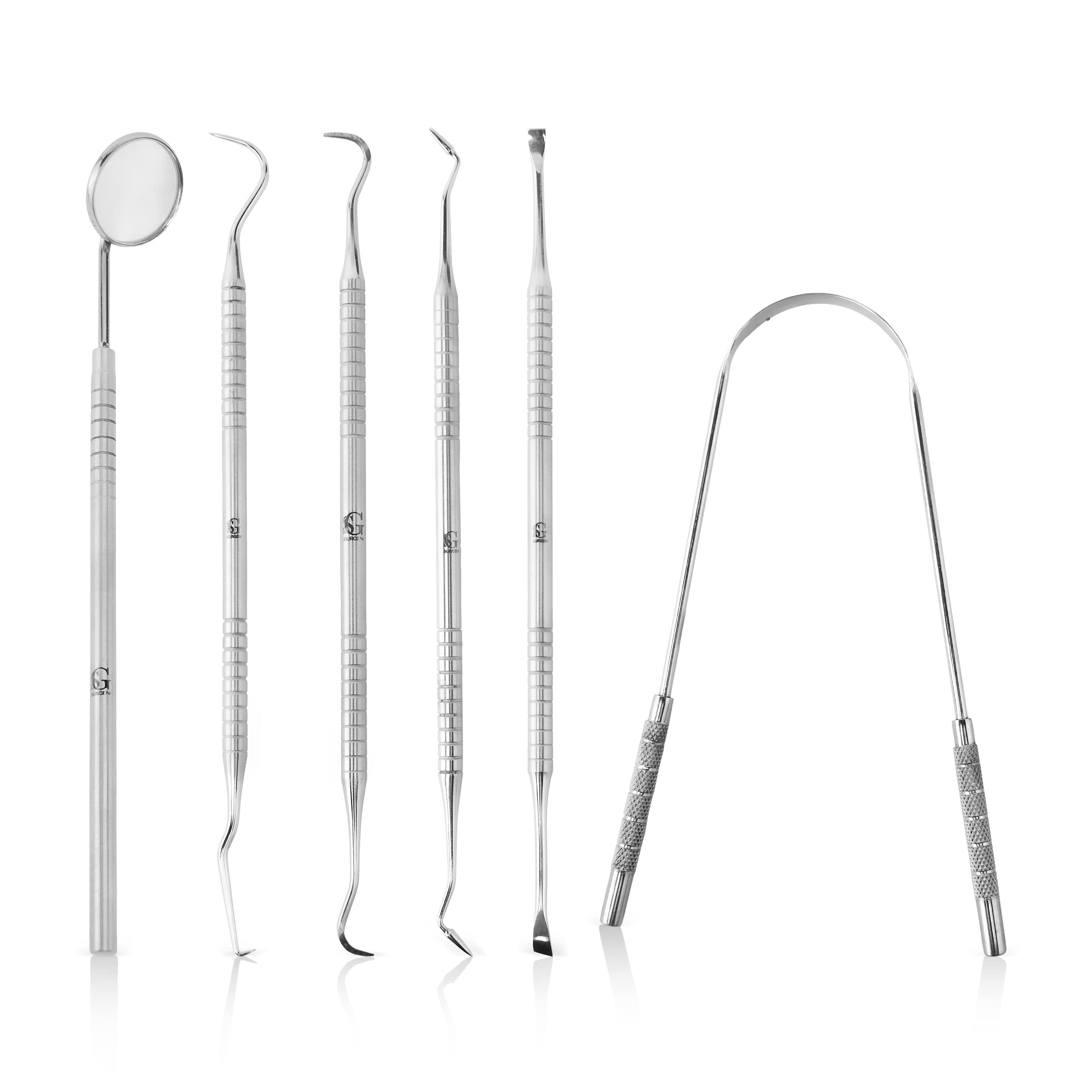 SURGEN Dental Hygiene Tool Kit - Stainless Steel Plaque Remover for Teeth, Oral Care Cleaning Tools Set with Tooth Scraper, Tartar Remover, Dental Pick, Gum Floss - Includes Travel Case (6 Pack)