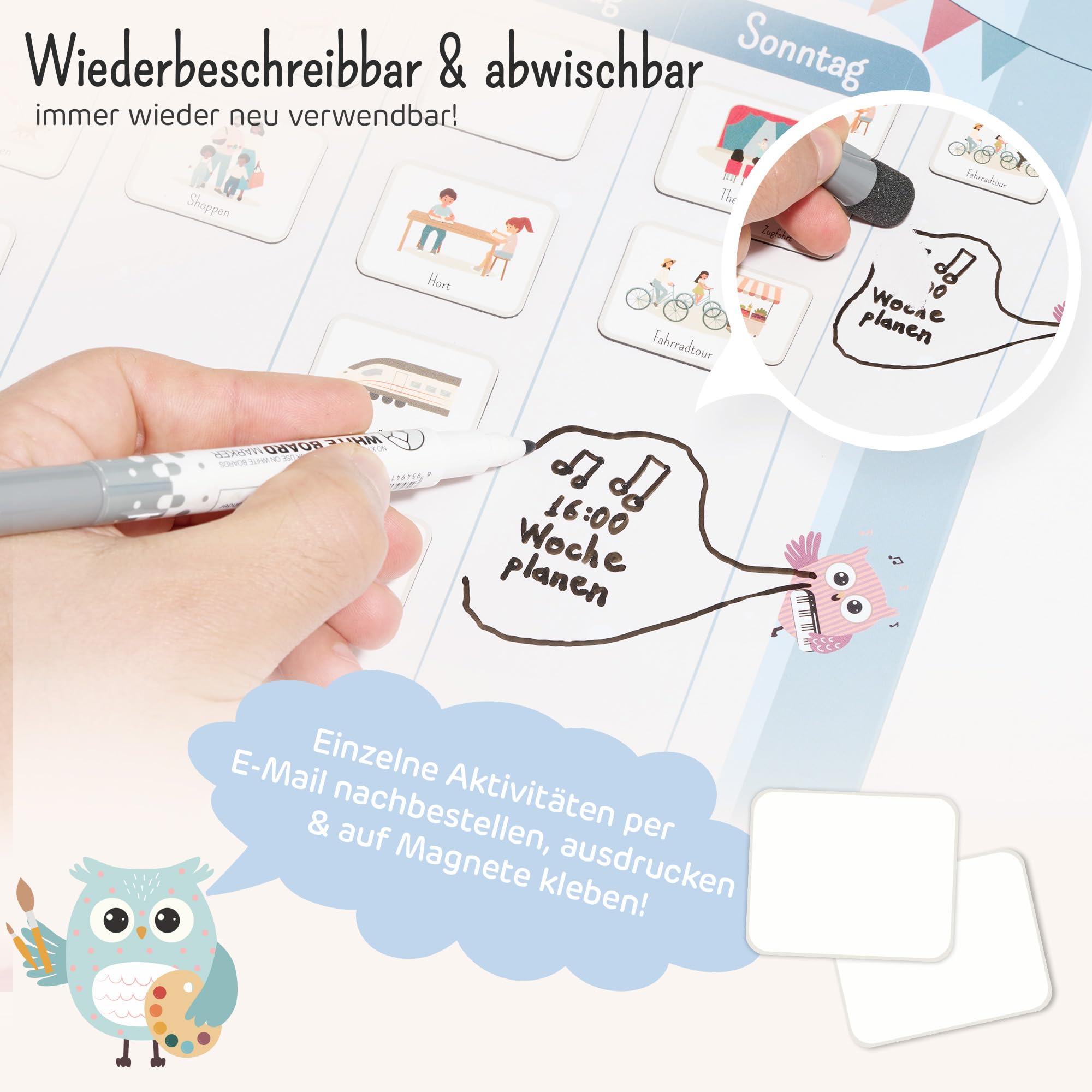 Wochenplaner Kinder - Montessori Magnettafel, 211 Magnete, beschreib- & abwischbar - Wochenplan Kinder fördert Selbstständigkeit & Struktur - Wochenplaner magnetisch mit Zubehör