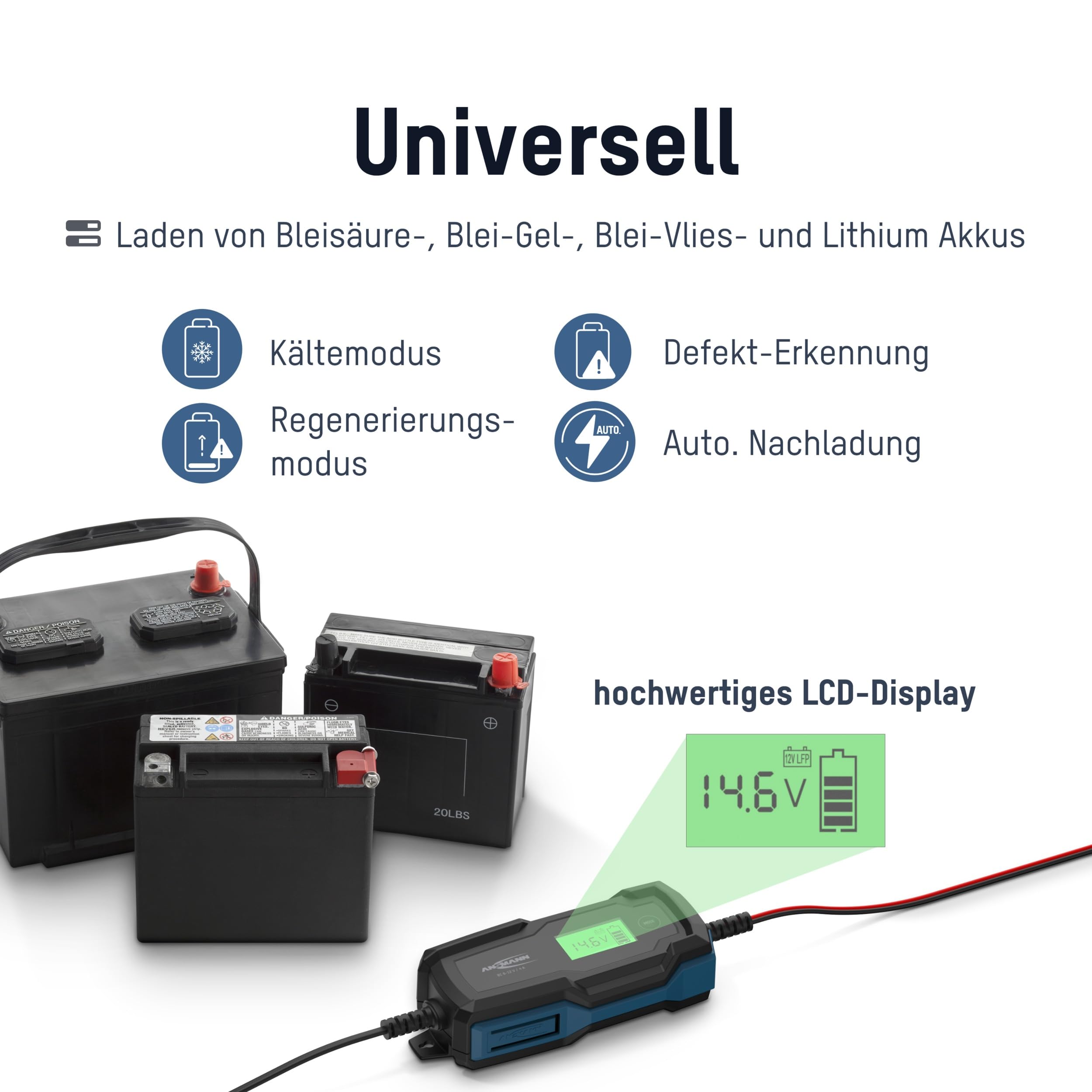 ANSMANN Inteligentna 10-stopniowa ładowarka 6 V 12 V/4 A z wyświetlaczem LCD do akumulatorów ołowiowo-kwasowych, ołowiowo-żelowych i ołowiowo-włóknowych, oraz 12 V LiFePo4 do samochodu, motocykla i