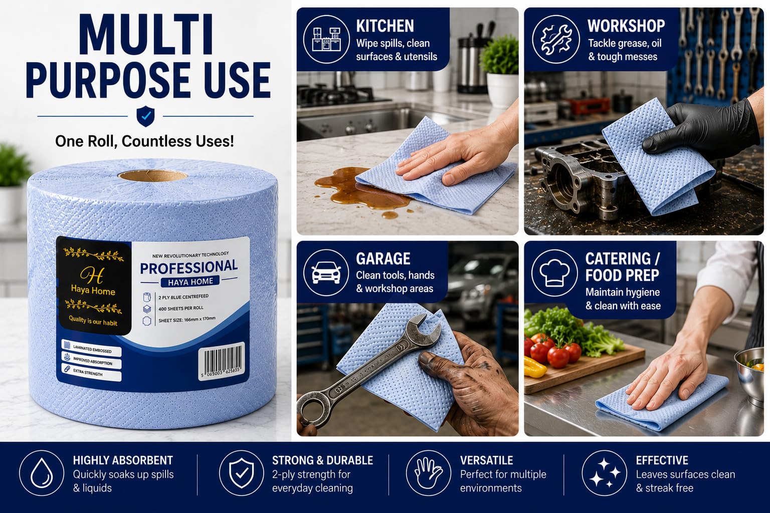Blue Roll - Toallas de papel de alimentación central de 2 capas, papel de seda, toallitas de limpieza fuertes y absorbentes para restaurante, hogar, cocina, baño, taller, uso industrial