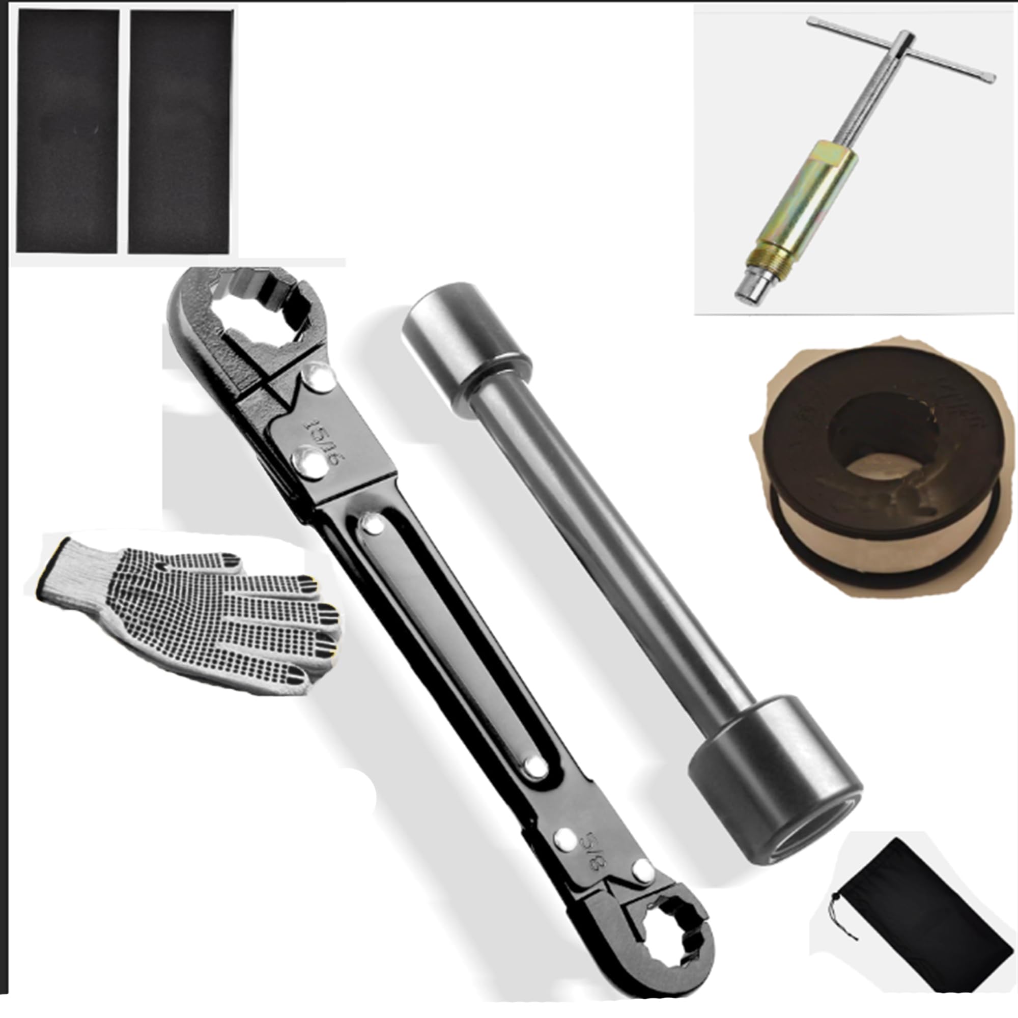 8 Pcs Plumbing Tools Kit, 1/2-Inch Compression Sleeve Puller &amp; Angle Stop Wrench, ,Professional Plumbers Wrench, gloves, Sandpaper, And A Retractable Storage Bag For Use Involving Damage Or Corrosion