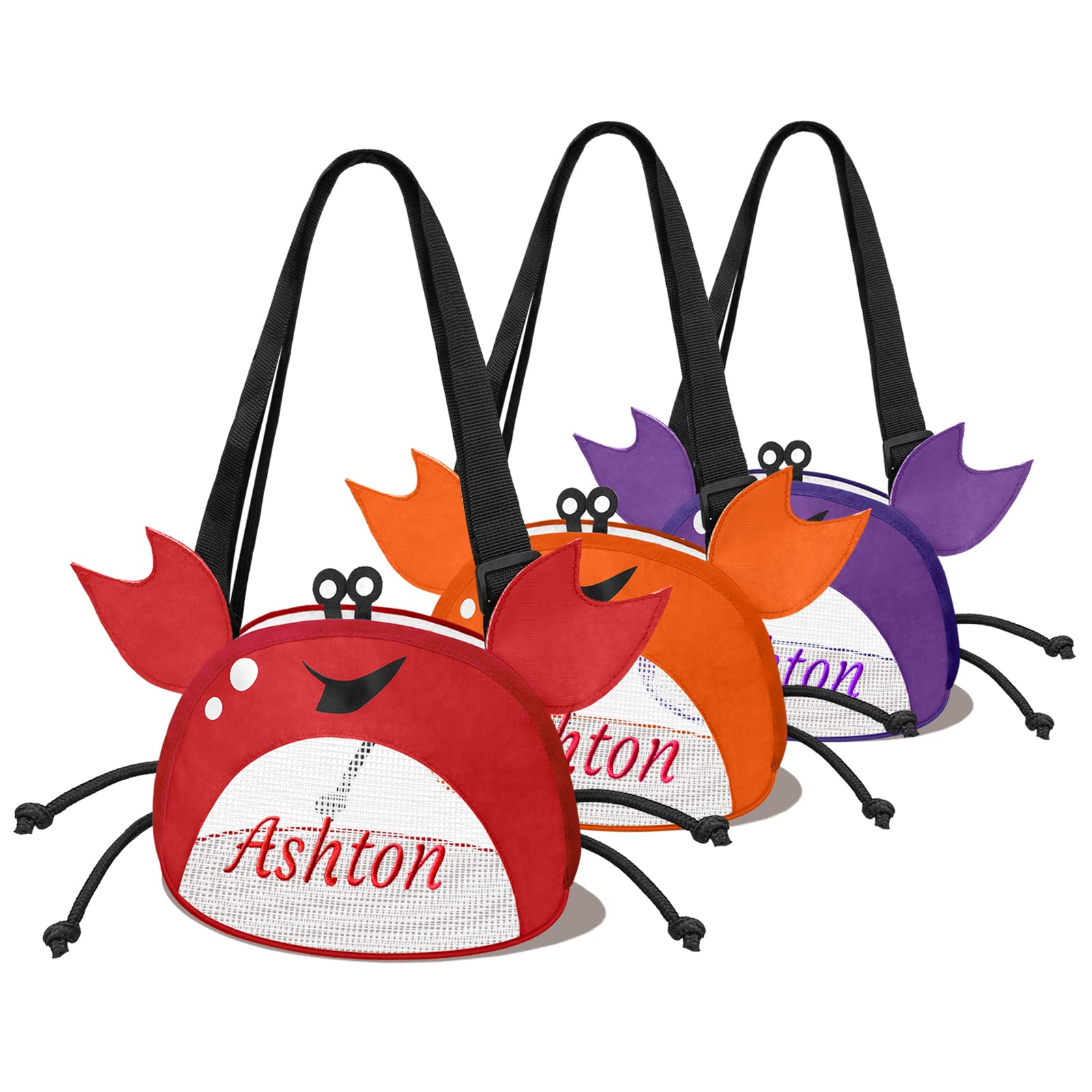 AtiMing Personalized Mesh Beach Bag Kids Crab Shaped Seashell Collecting Bags, 2 Pack Custom Name Mesh Beach Shell Storage Bag with Zipper for Boys