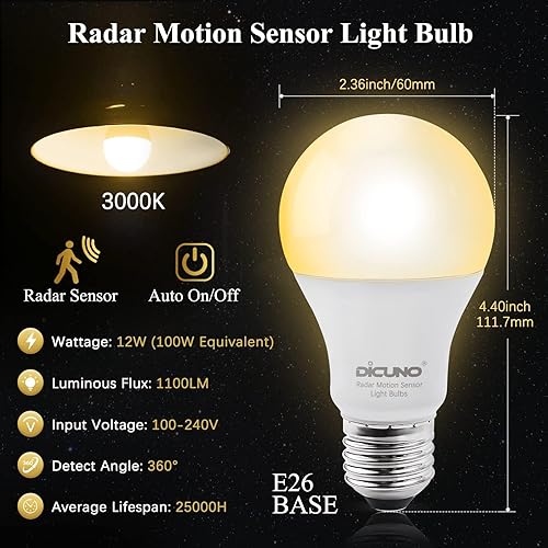 Miniatura 3 de DiCUNO Bombilla con sensor de movimiento radar para exteriores, 12 W (equivalente a 100 W), bombilla con sensor de movimiento A19, encendido y