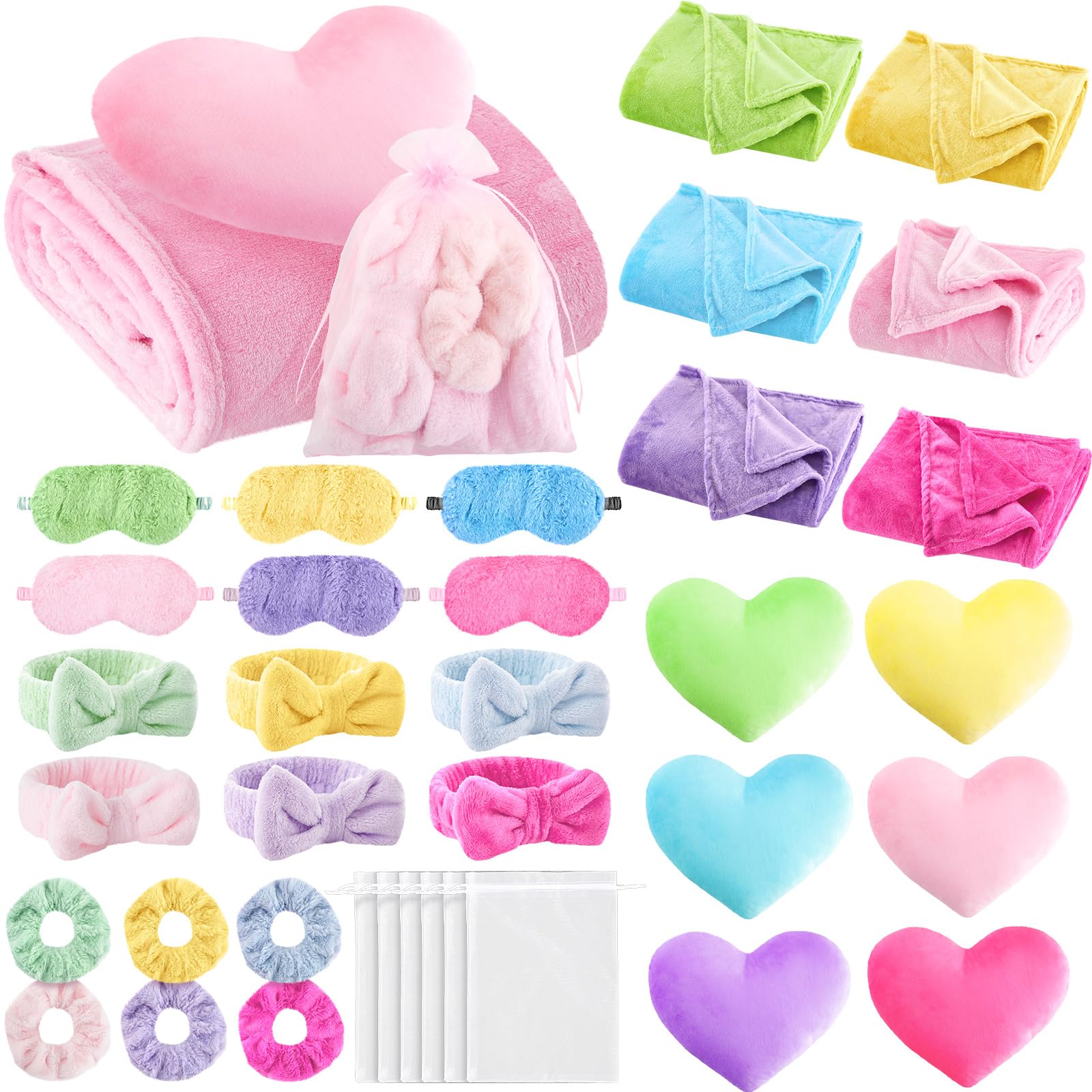 Fanfanwin 36 Pcs Sleepover Party Supplies for Girl Spa Slumber Birthday Favors Throw Blanket Pillow Eye Mask Headband Scrunchies (Solid Color,