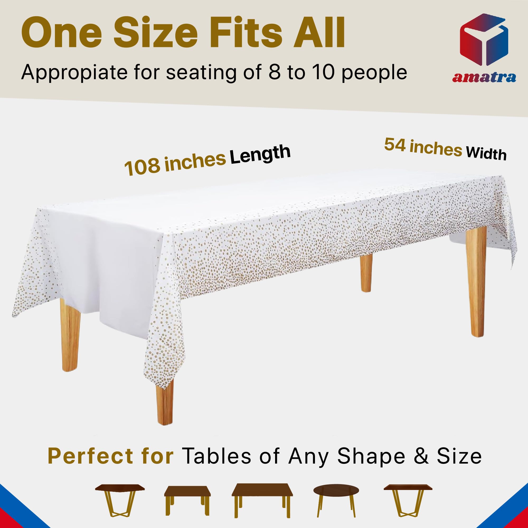 Mantel desechable, impermeable, mantel de plástico elegante, mantel rectangular, mantel blanco con margen de puntos dorados, mantel de plástico de 140 g, 137 x 274 cm, paquete de 4
