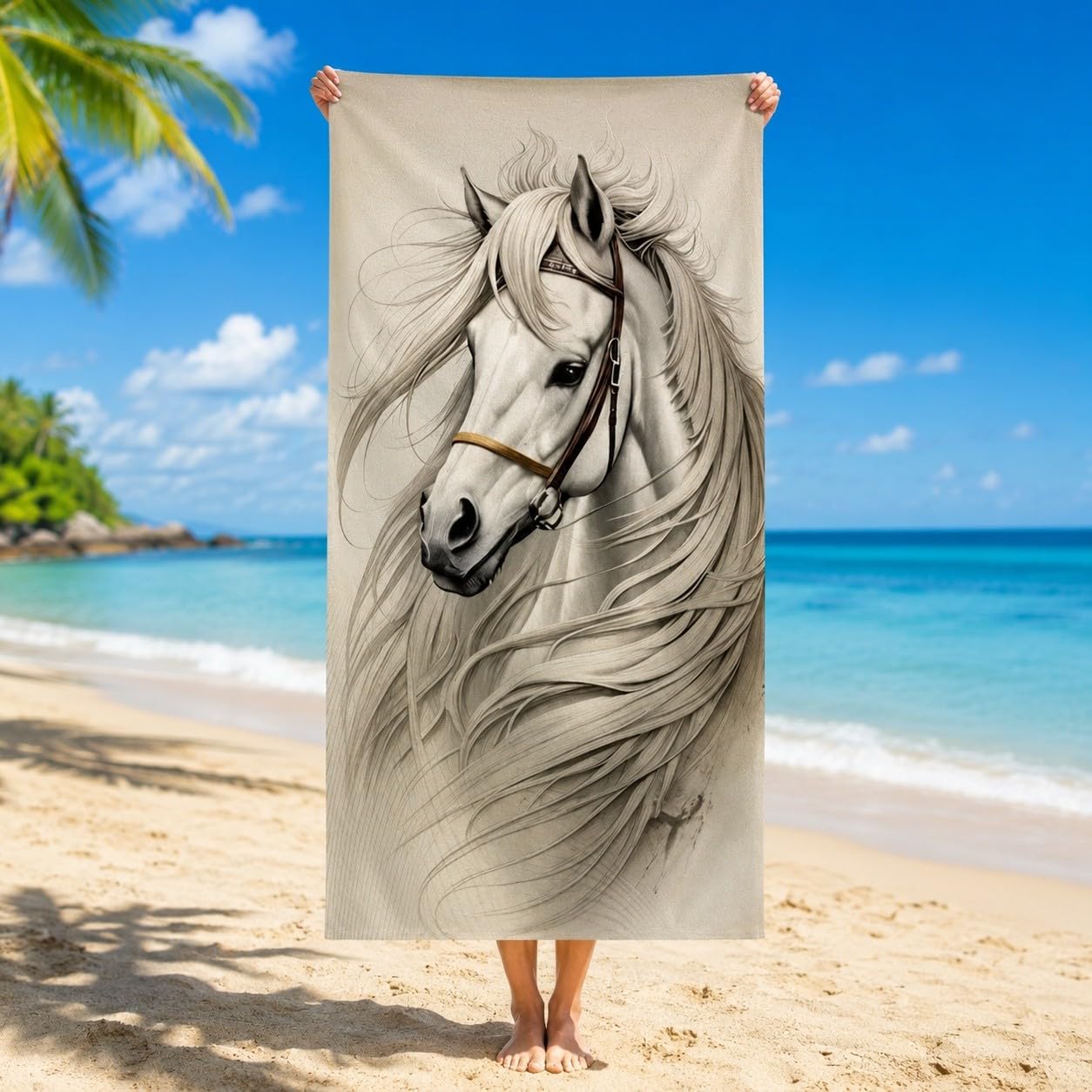 Serviette de Plage Cheval Blanc Microfibre Rapide 200x200 cm