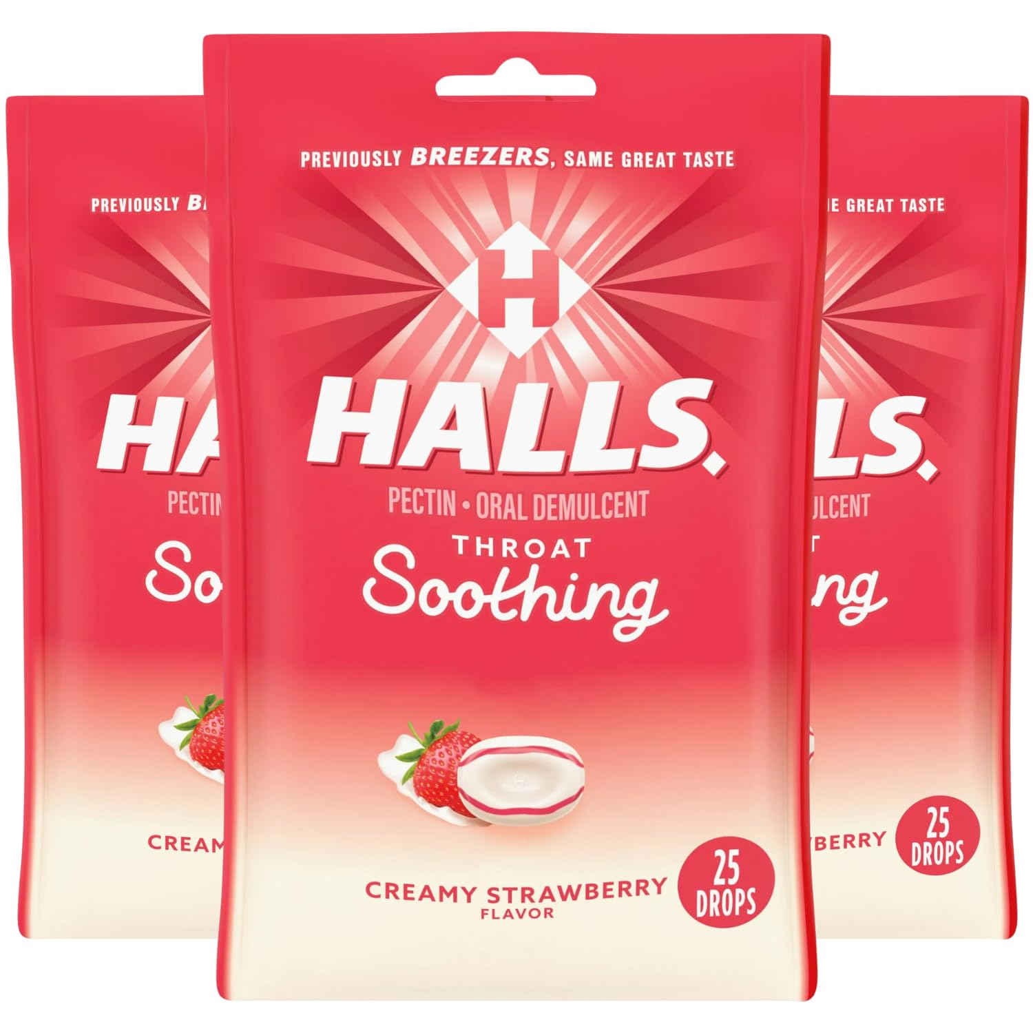 Halls Throat Soothing Creamy Strawberry-Cough Drops for Throat (Formerly Fruit Breezers) 25ct (Pack of 3)