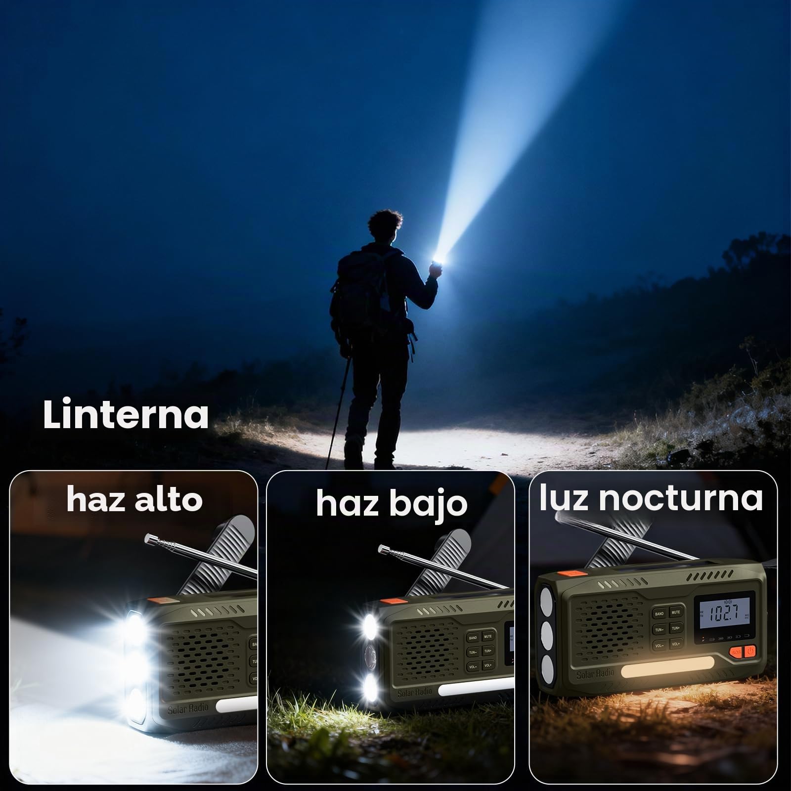 Radio Solar de Emergencia,Radio a Pilas Portatil Batería de 4500 MAh,Am/FM Radio Emergencia con Manivela,Pantalla, Kit de Emergencia Que Incluye Linterna,SOS Alarma y Cargador de Móviles USB