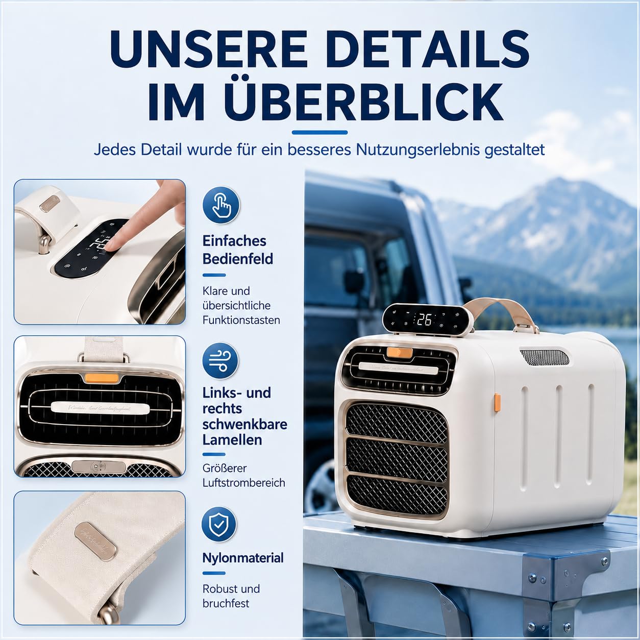 Mobile Klimaanlage für Schlafzimmer und Büro,220V (Cold) | 1400W Kühlleistung, 420W Eingangsleistung, 45 dB Leise, 1-12H Timer