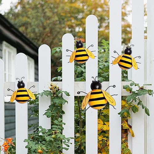 Miniatura 3 de MorTime Paquete de 4 esculturas de pared de metal para decoración de jardín, decoración de pared de abejas colgantes para interiores y exteriores,