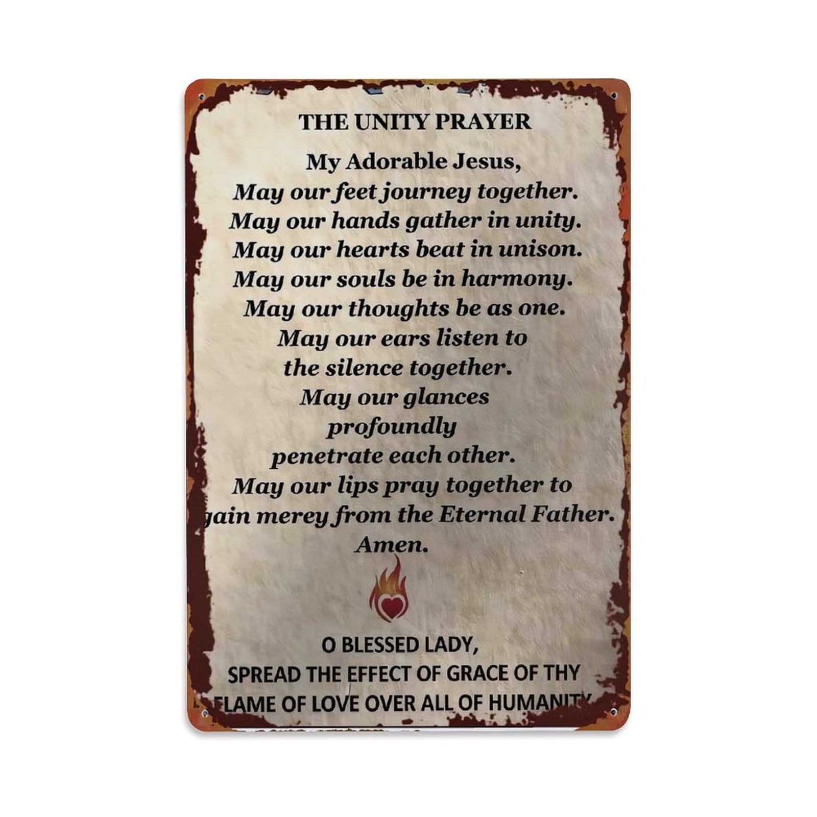 Jdfenggu Vintage Unity Prayer Flame Heart Text Retro Metal Tin Sign, Decor Art Poster For Bar, Home, Man Cave, Kitchen, Laundry Room Gift 8X12inch