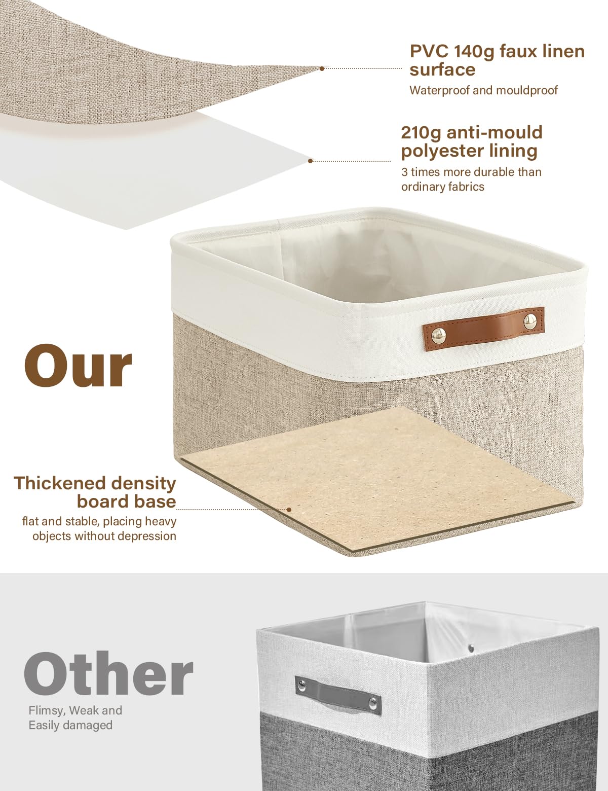 Bagnizer Set di 4 cubi organizzatori pieghevoli in tessuto per scaffali e armadi (33 cm) – Cestini con maniglie, scatola in tela impermeabile per abbigliamento, giocattoli per animali Beige & Bianco