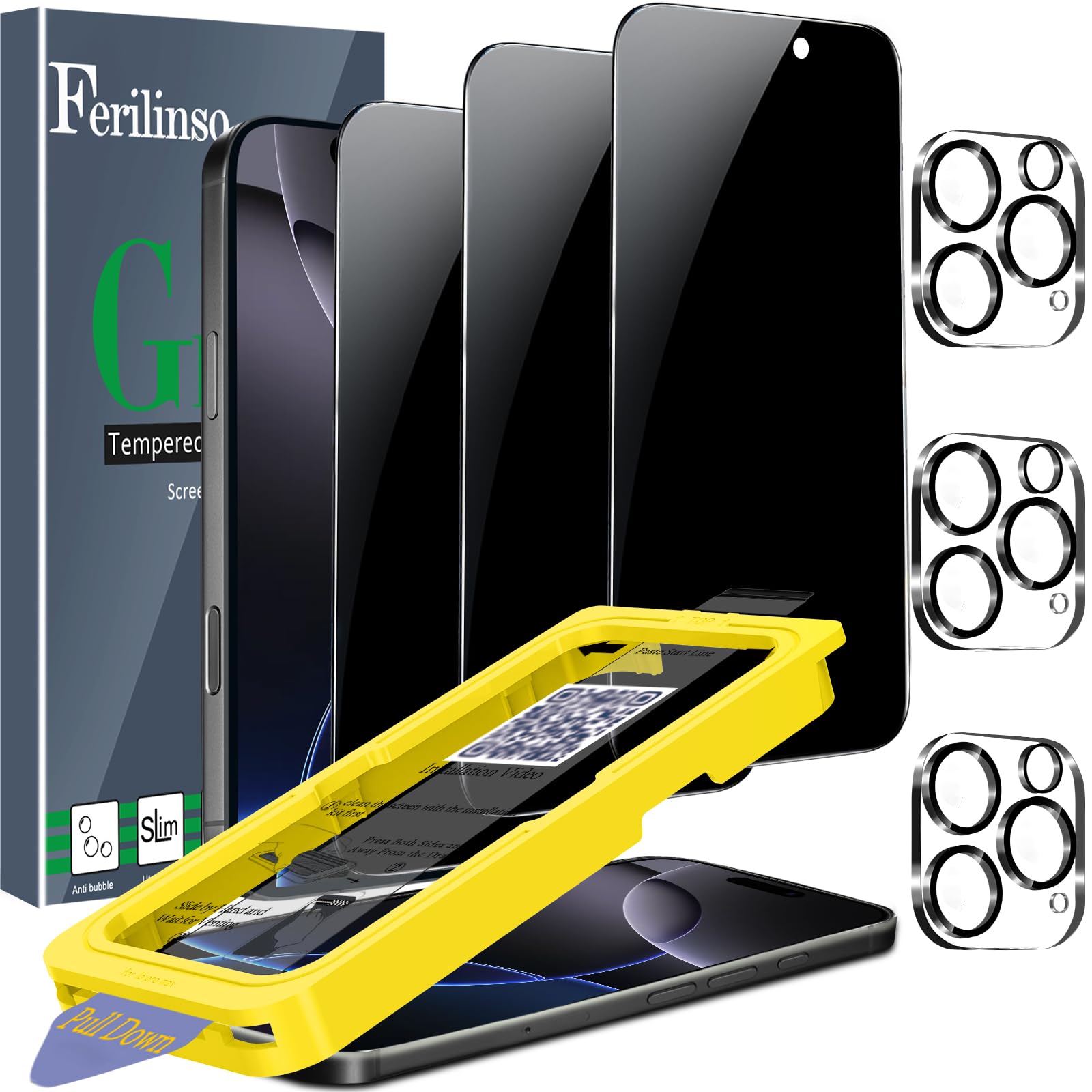 Ferilinso [Auto Dust Install] 3 Pack Privacy Screen Protector for iPhone 16 Pro Max with 9H+ Private Accessories-Camera Lens Protector, Tempered Glass Cover, Case Friendly, Sensitve Touch