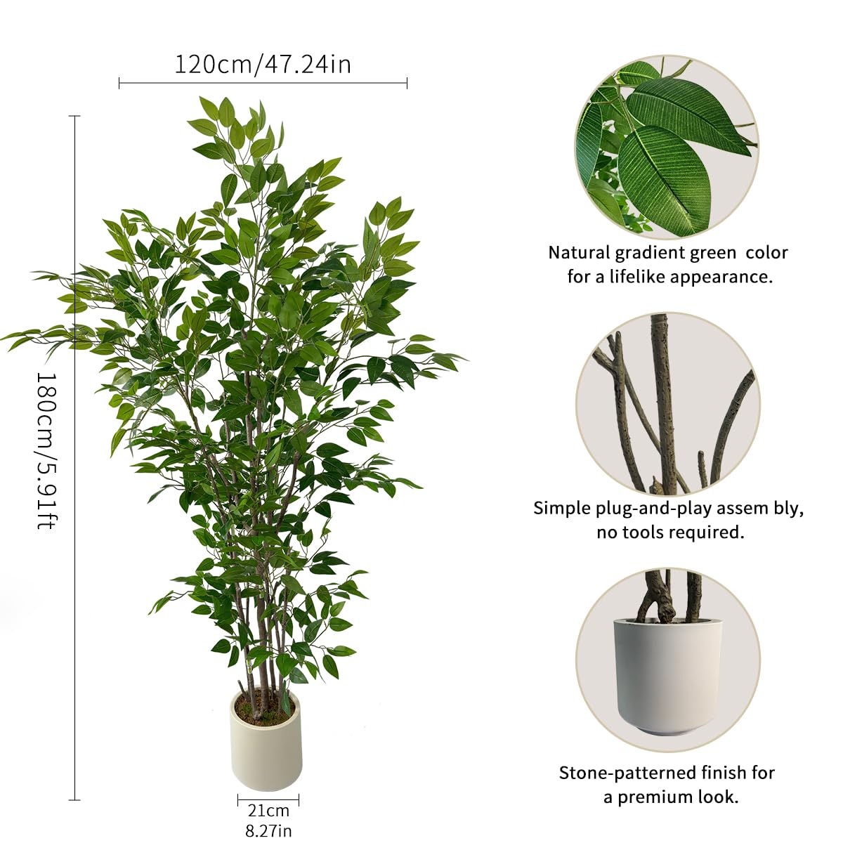 Artificial Ficus Tree with Green Leaves, 6 ft Tall, Indoor Plant with Decorative Beige Planter