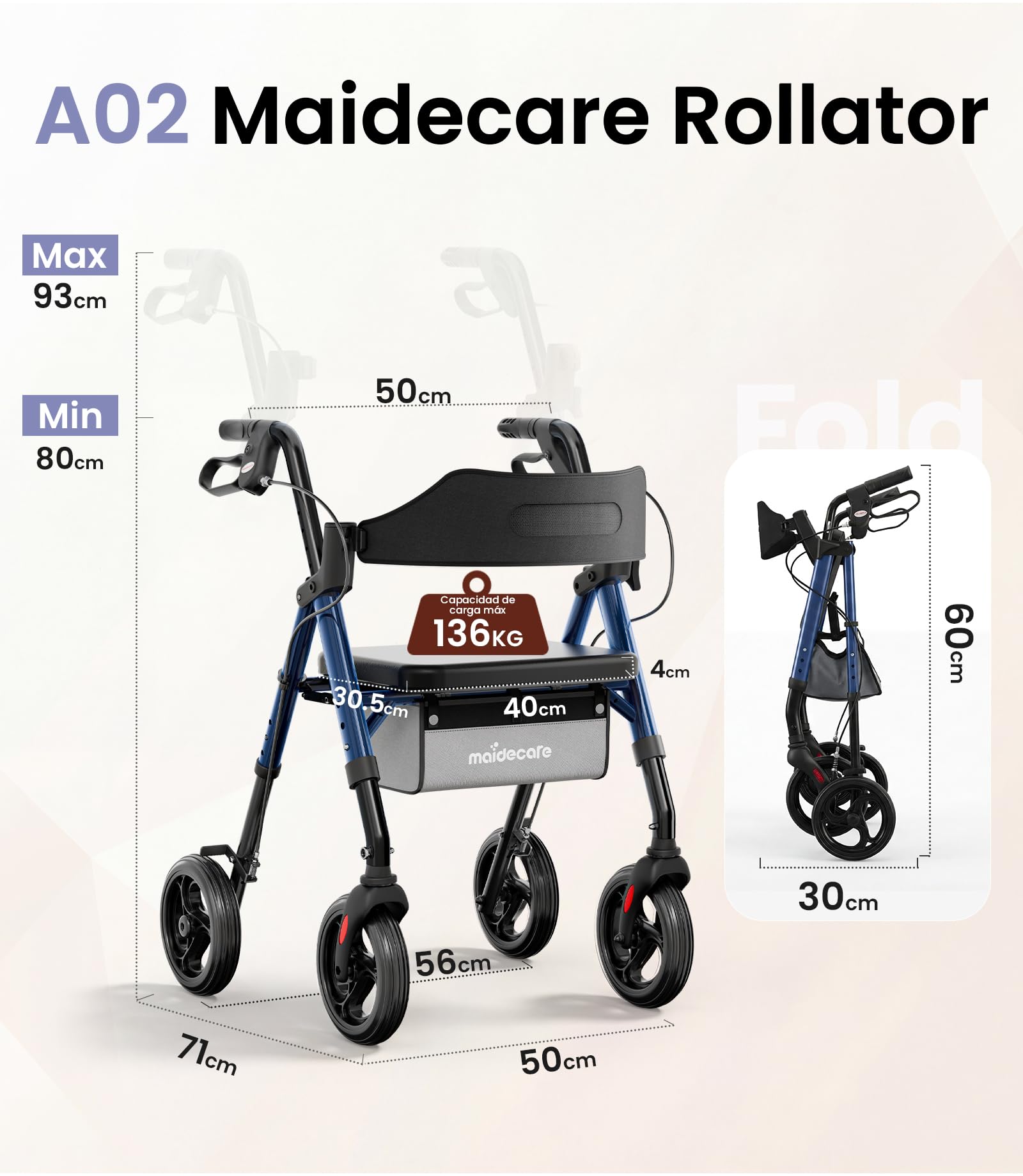 Andador para Ancianos con Asiento Plegable, Manillar y Asiento Regulables en Altura, Caminadores para Mayores, Ayuda para Caminar Ligera con Freno, Ruedas 8" Todoterreno, Azul Zafiro