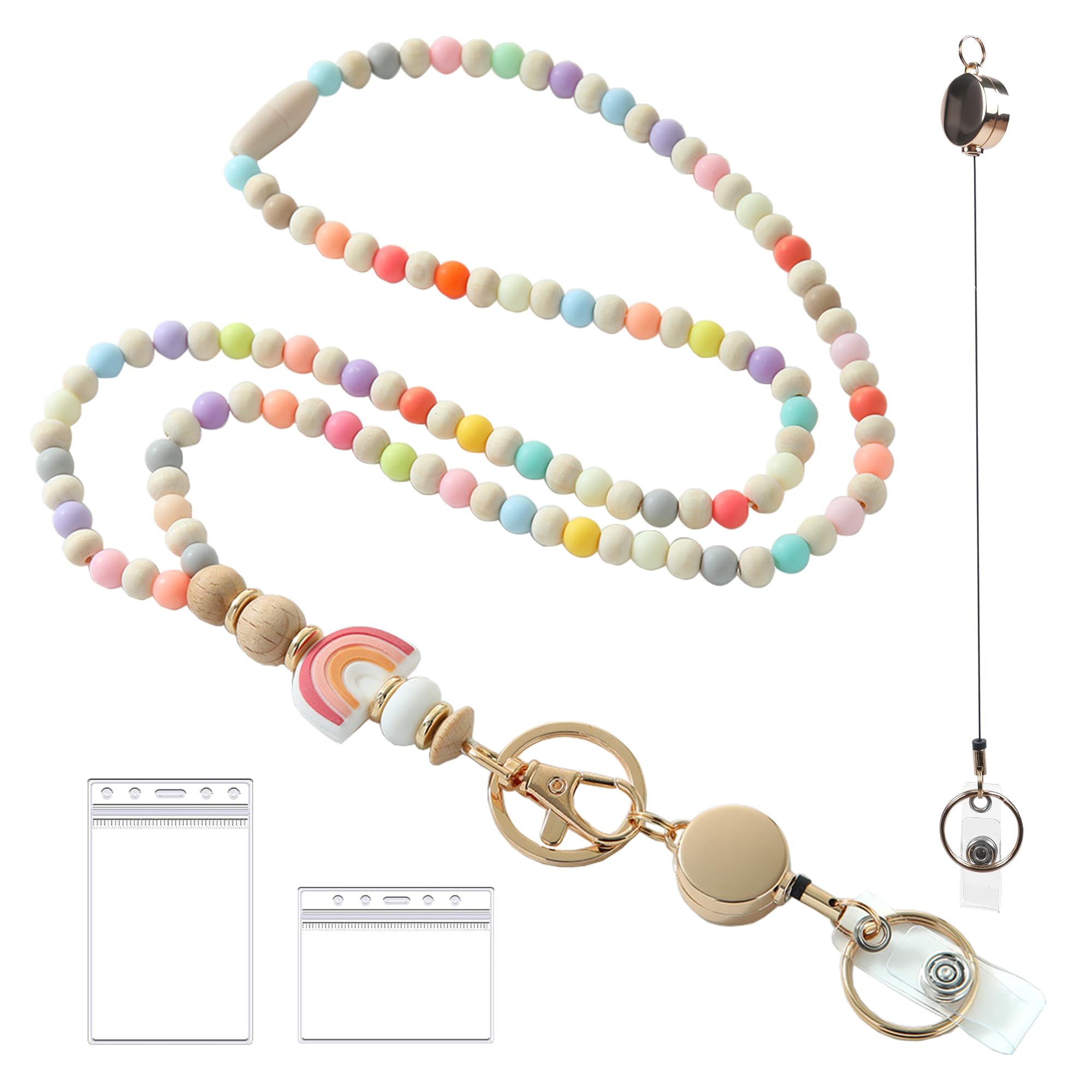 Disstong Wooden Beaded Lanyard for Women - Teacher Nurse ID Badge Holder - Retractable Breakaway Keychain for Keys